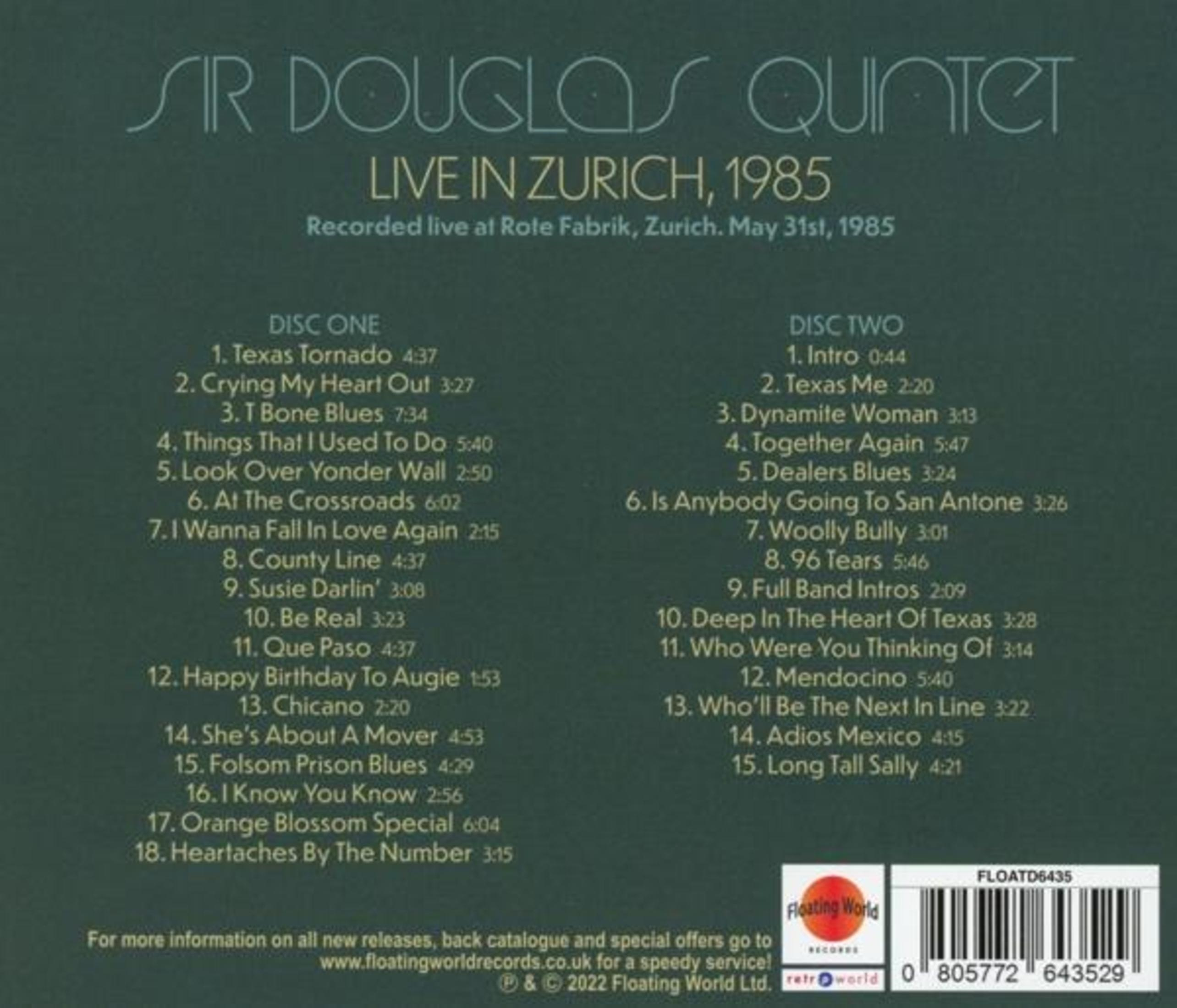 Rückseite einer CD-Hülle von Sir Douglas Quintet mit Tracklists für zwei Discs.