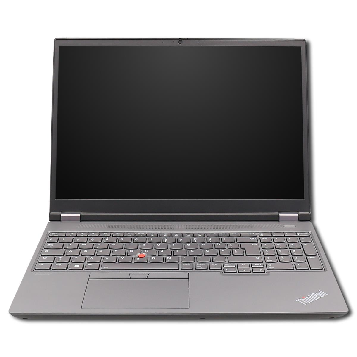 Ein offener grauer Laptop mit schwarzem Bildschirm, Tastatur und rotem TrackPoint auf einem weißen Hintergrund.