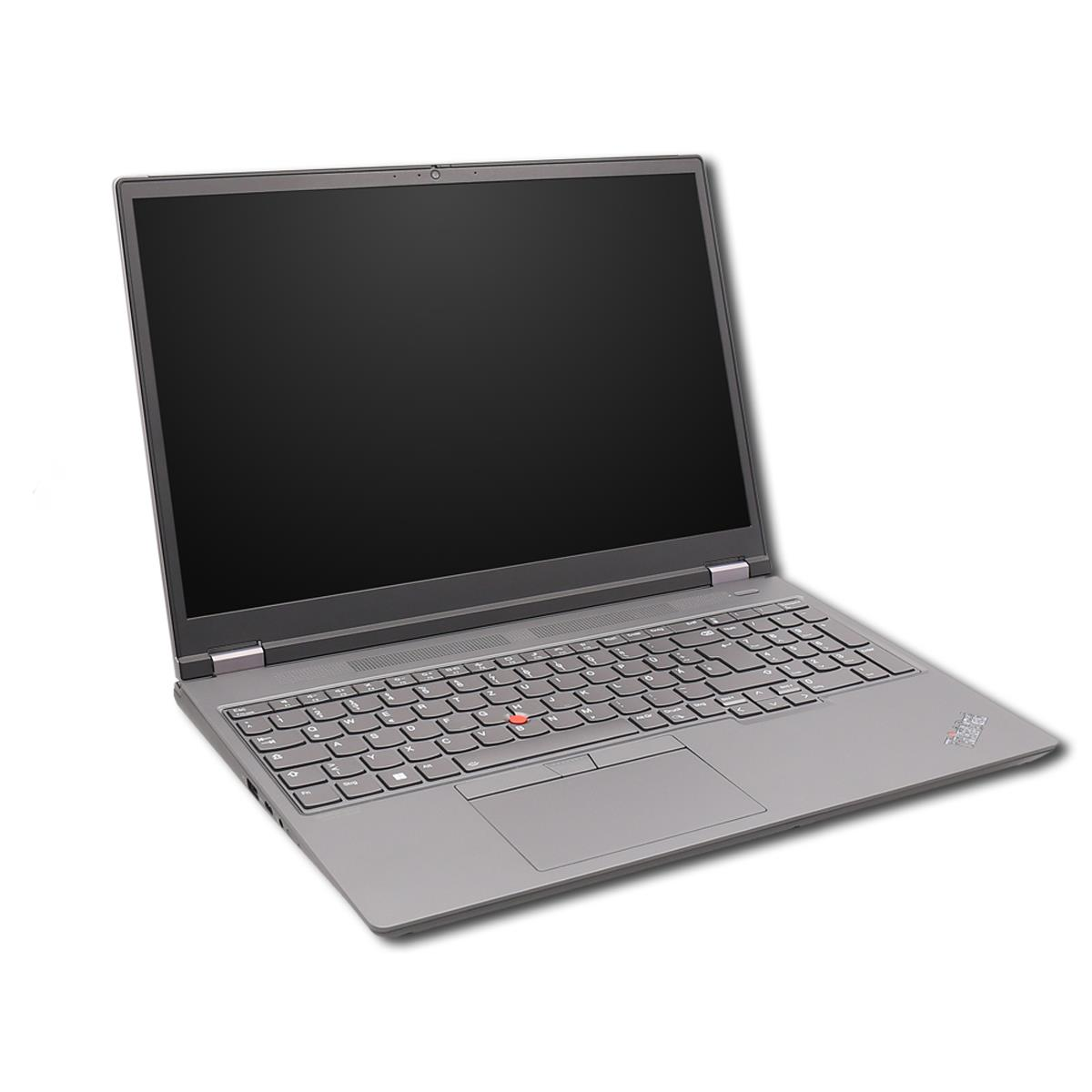 Ein grauer Laptop auf weißem Hintergrund mit schwarzem Bildschirm und rotem Trackpoint auf der Tastatur.