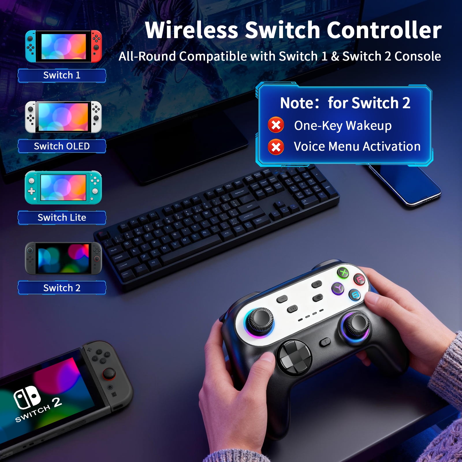 Kabelloser Switch-Controller mit bunten Joysticks, Bildschirm im Hintergrund und Switch-Konsolen.