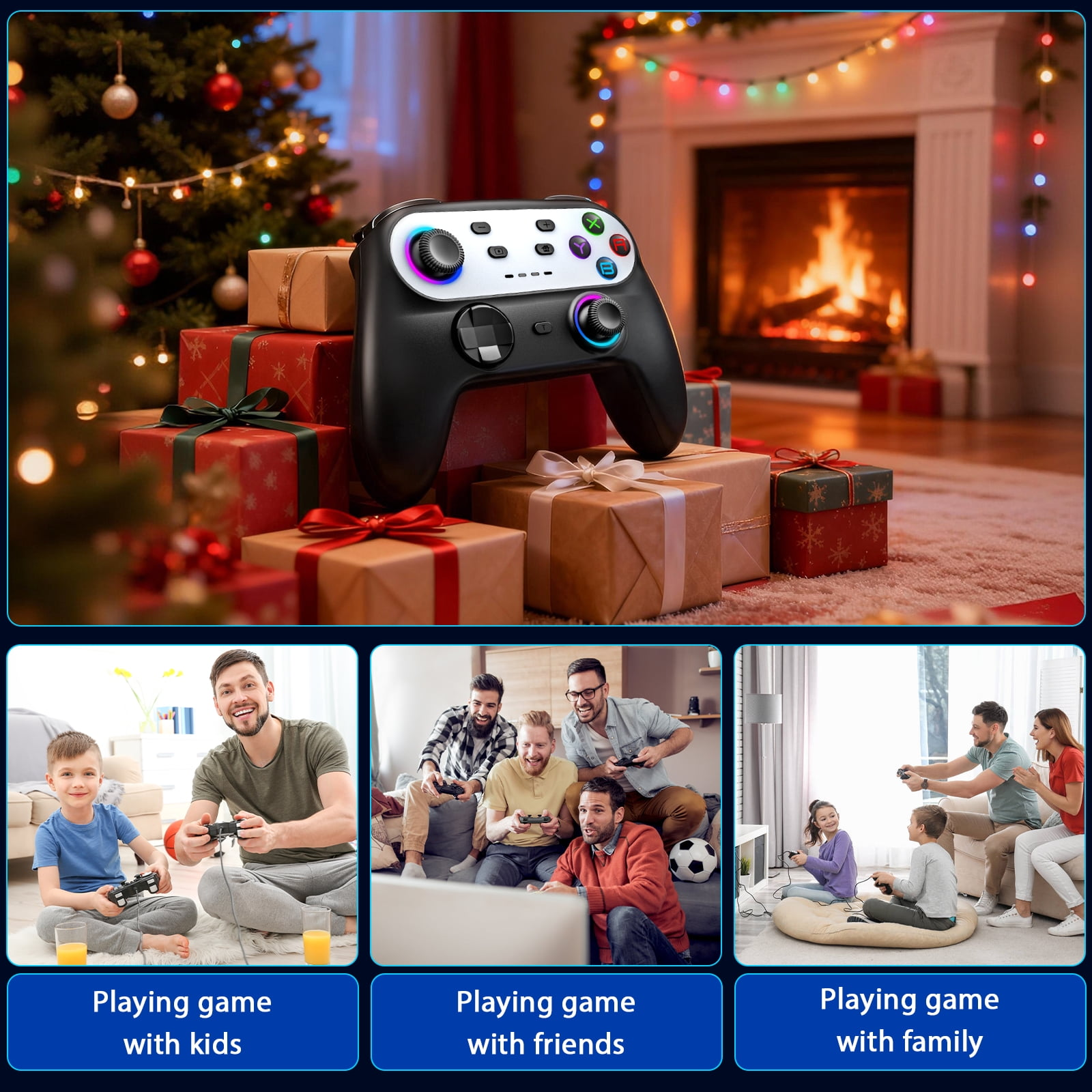 Ein schwarz-weißer Controller liegt auf Weihnachtsgeschenken, unten spielen Menschen.