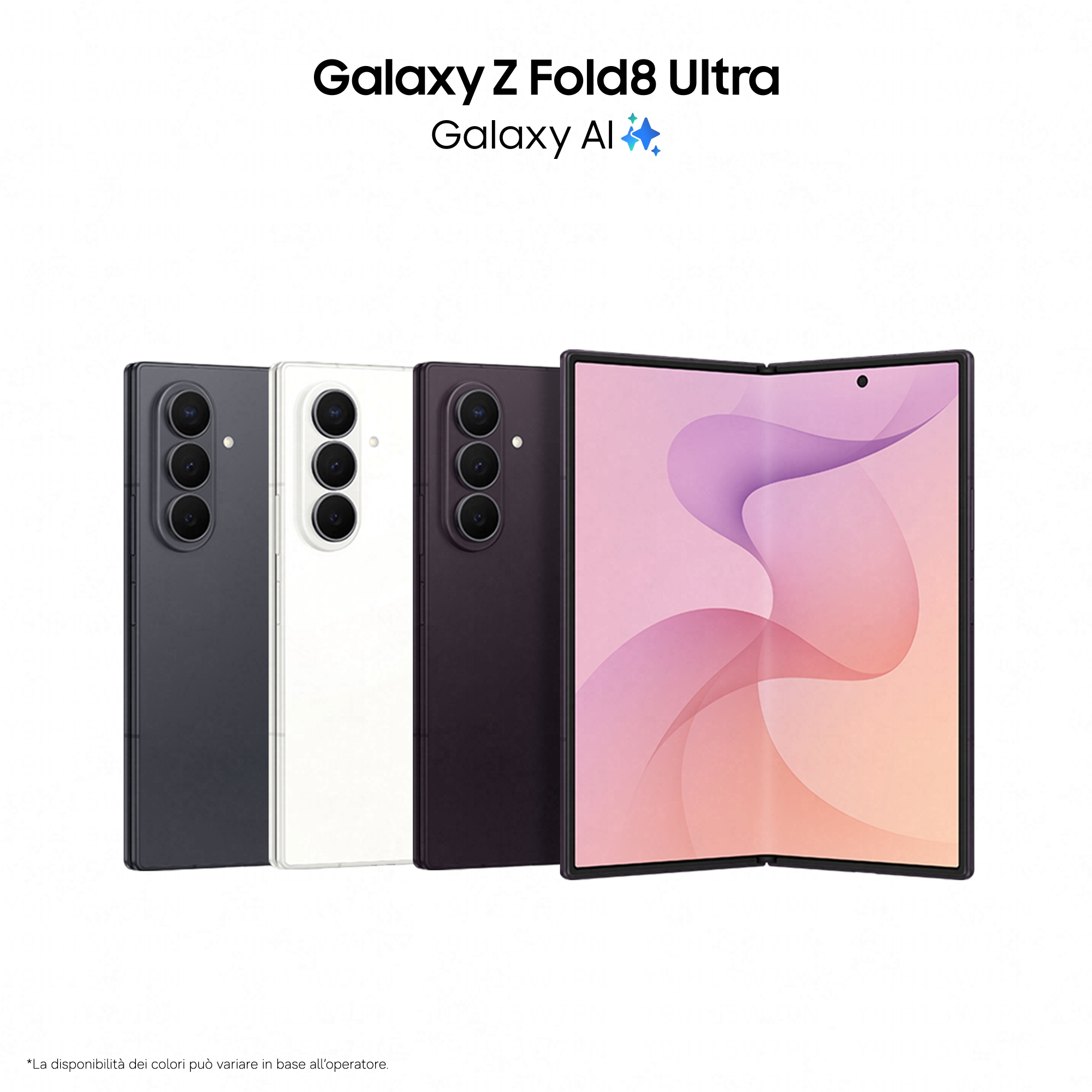 Vier Galaxy Z Fold8 Ultra Smartphones in verschiedenen Farben, eines davon aufgeklappt mit abstrakter Grafik.