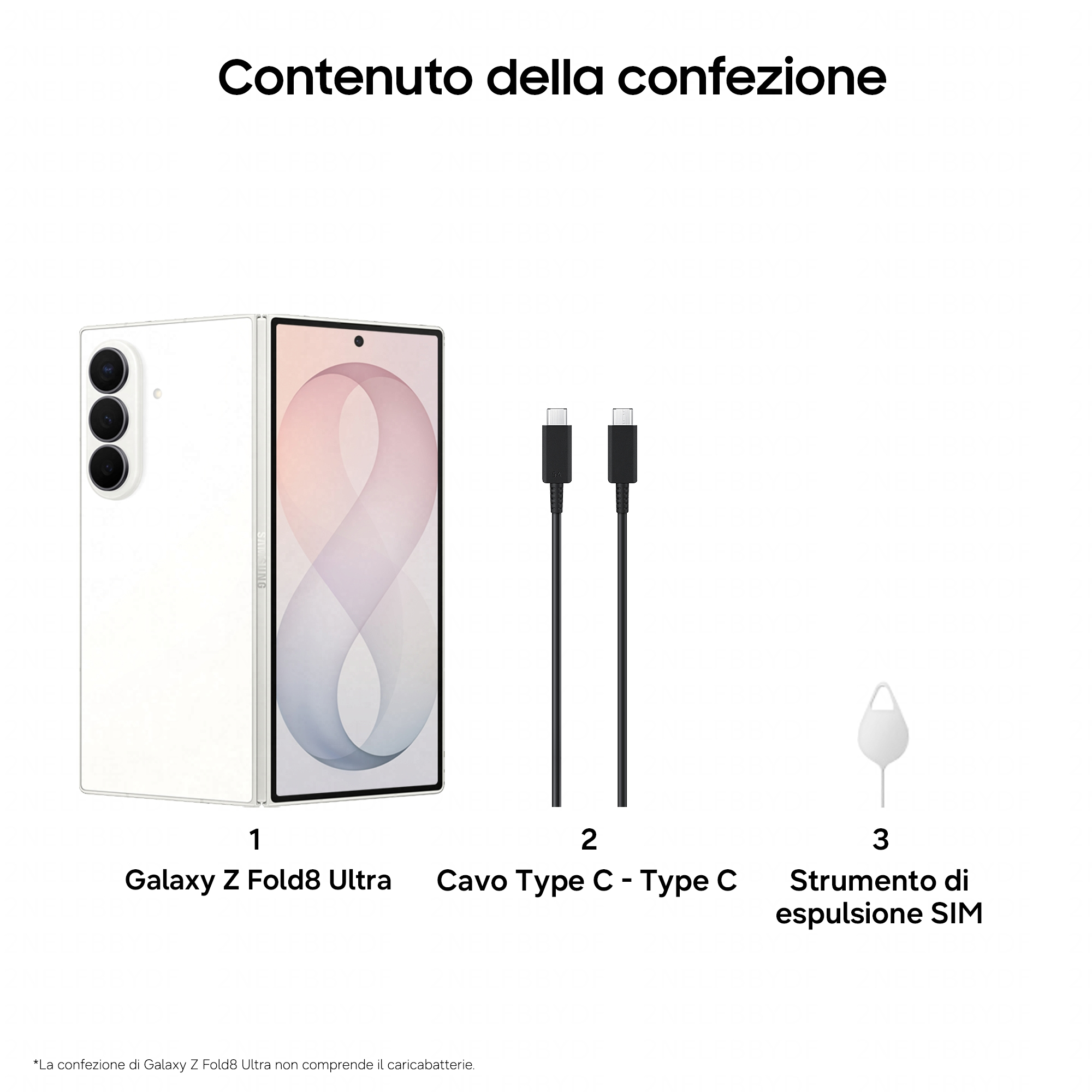 Packungsinhalt: ein weißes Galaxy Z Fold8 Ultra, ein USB-C-Kabel und ein SIM-Auswurfwerkzeug.