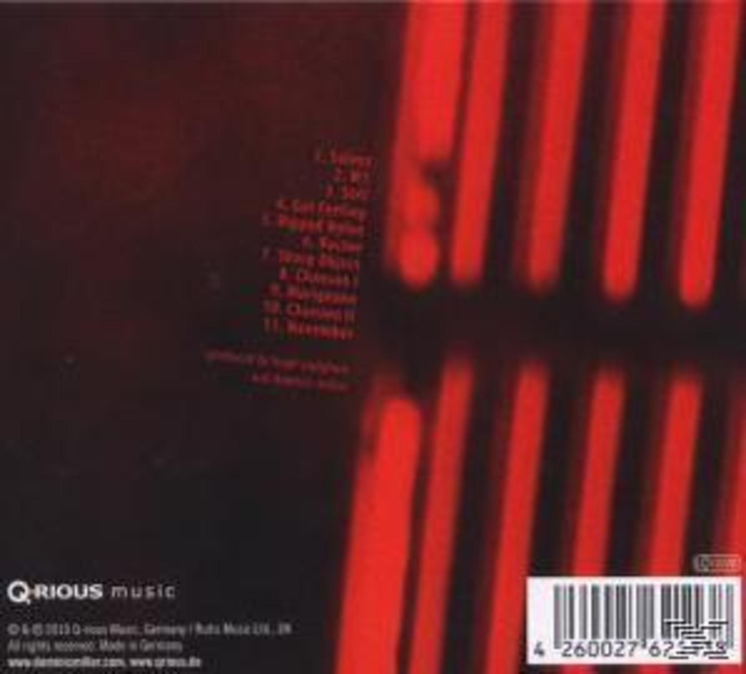 Dunkles CD-Backcover mit roten vertikalen Linien, Titelliste und Barcode.