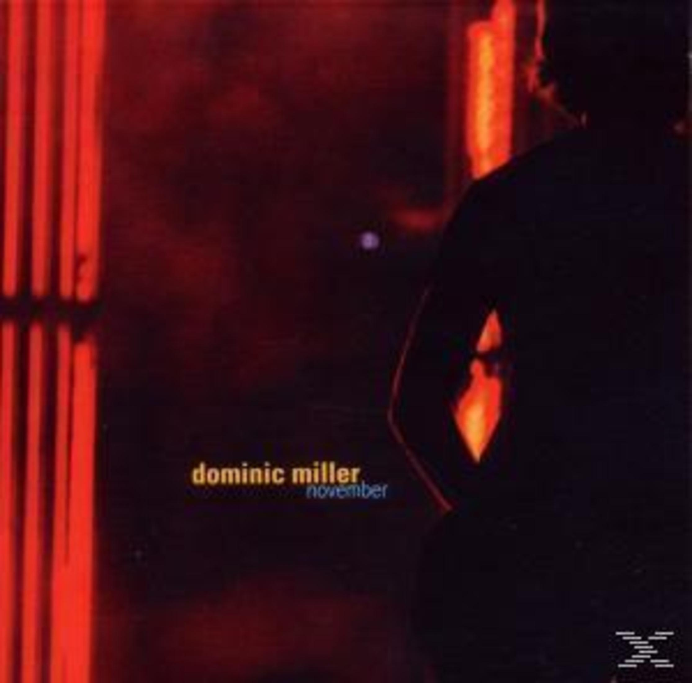 Rötlich beleuchtete Silhouette einer Person in einem dunklen Raum mit dem Text Dominic Miller November.