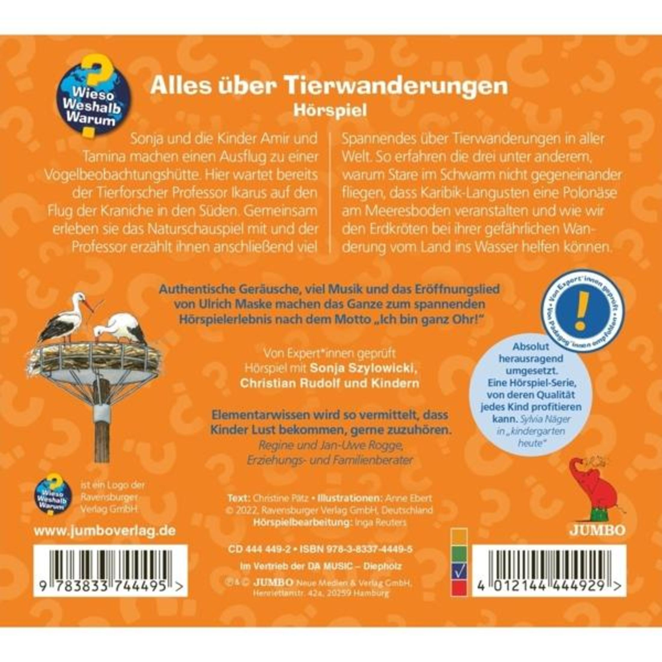 Rückseite einer Kinder-Hörspiel-CD mit orangem Hintergrund, Fragezeichen und Texten über Tierwanderungen.
