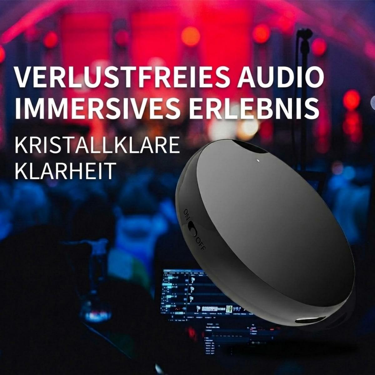 Ein schwarzes Audio-Gerät vor einem unscharfen roten Hintergrund mit deutschem Werbetext.