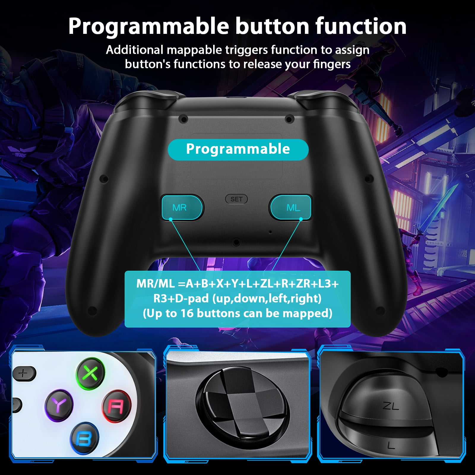 Rückseite eines schwarzen Gamepads mit programmierbaren Tasten MR und ML.