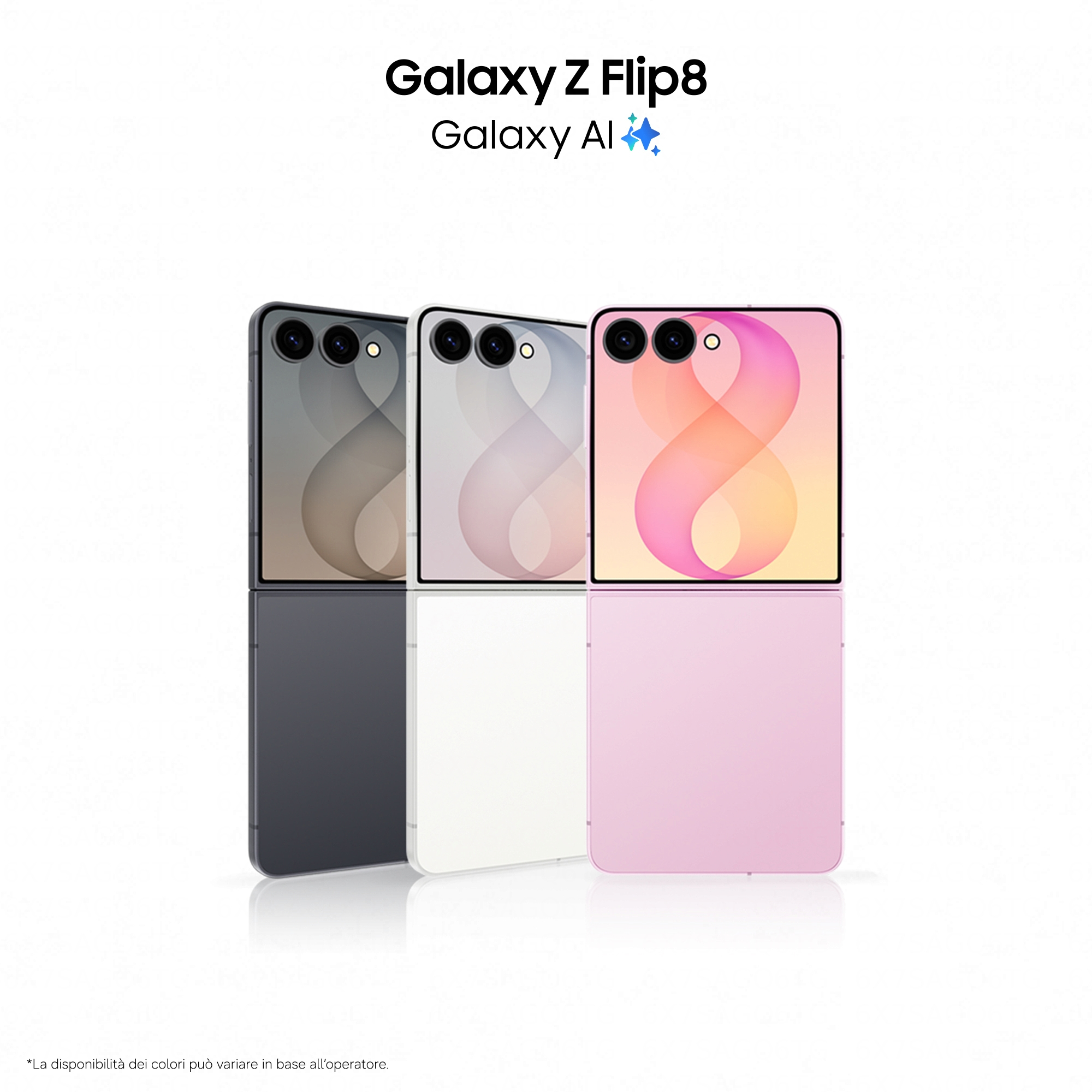 Drei Galaxy Z Flip8 Smartphones in Dunkelgrau, Weiß und Rosa mit zwei Rückkameras und bunten Bildschirmen.