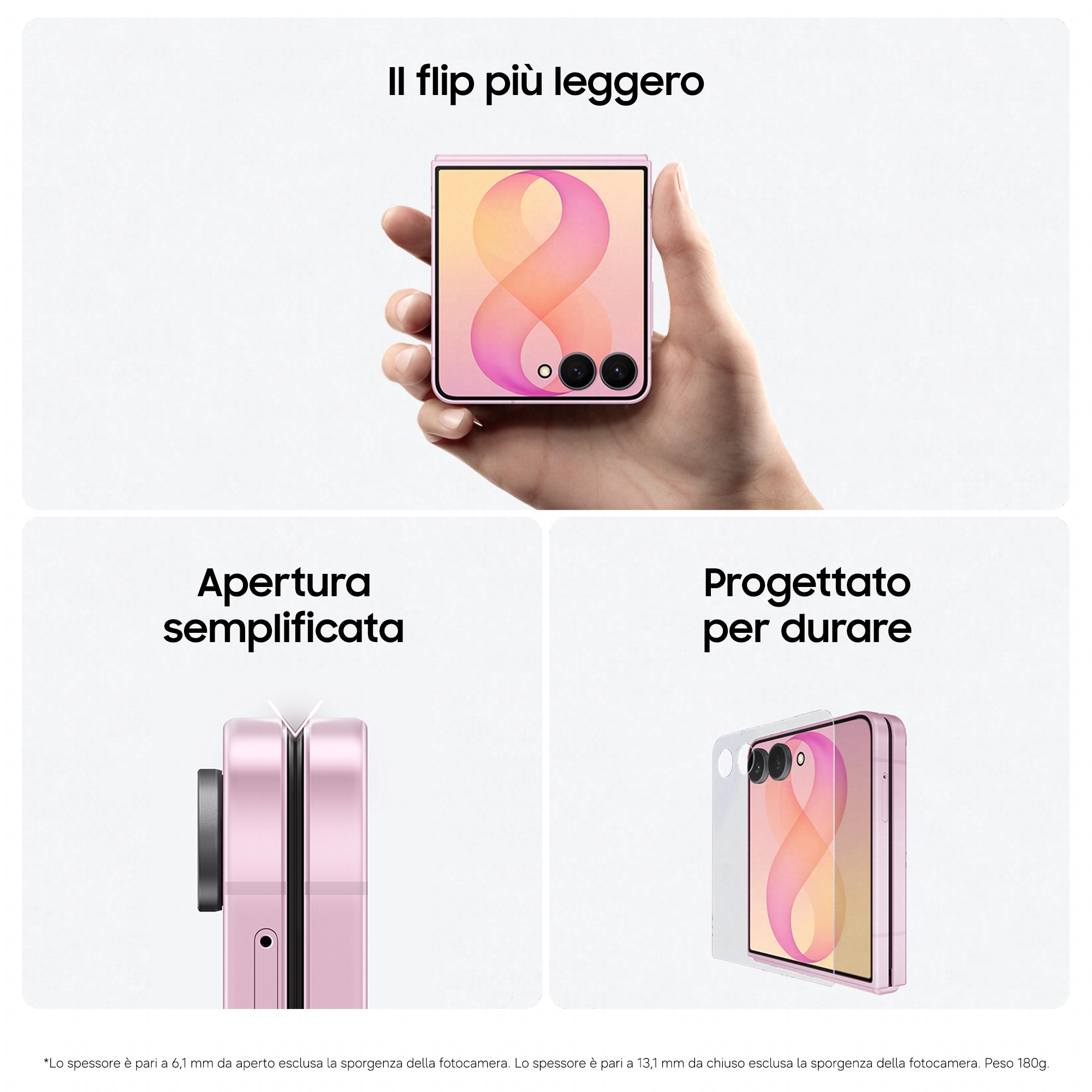 Eine Hand hält ein rosa Klapphandy und zeigt das geschlossene Display, das Scharnier und eine Schutzhülle.