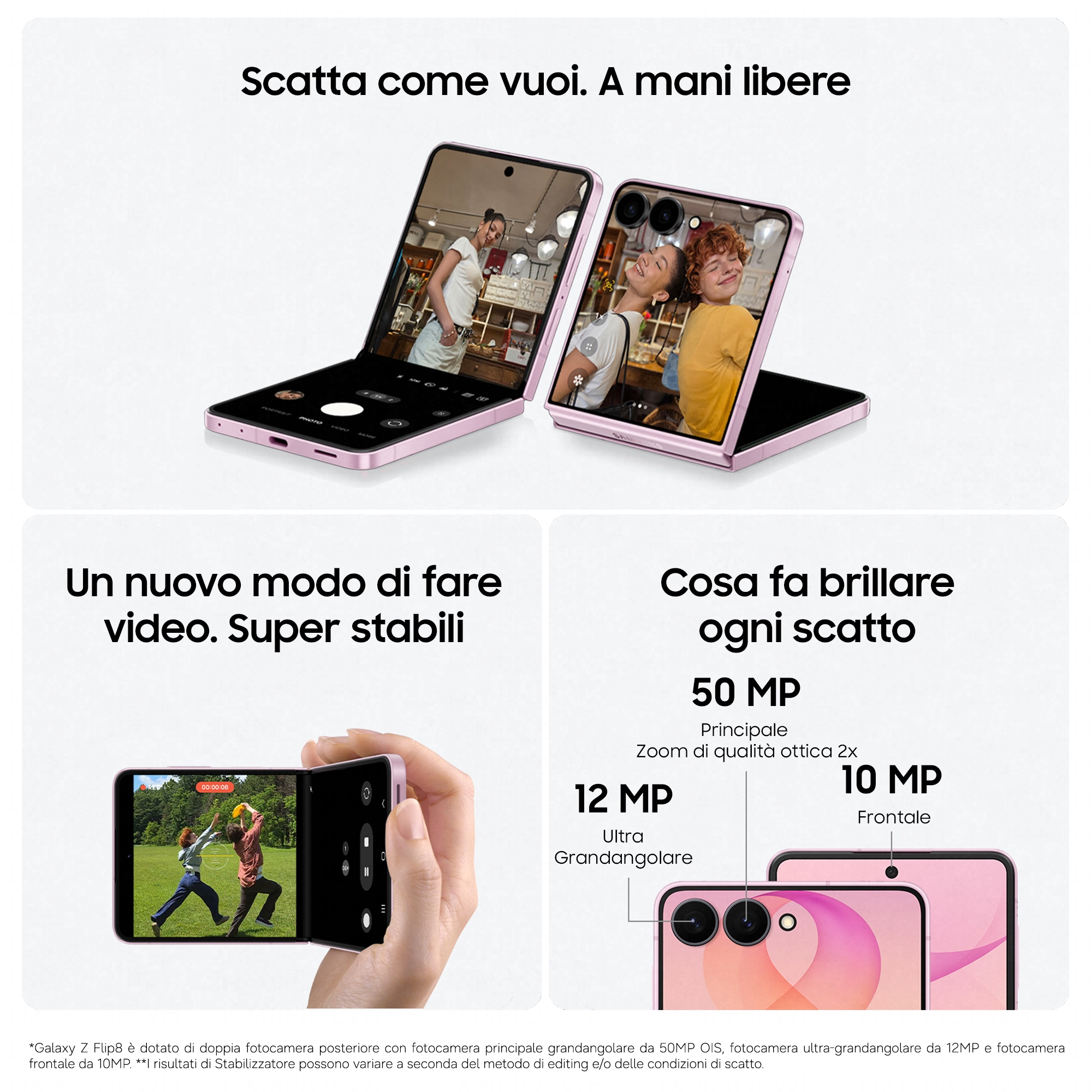 Werbepostkarte für Samsung Galaxy Z Flip8 mit faltbaren Smartphones, Kameradetails und Text.