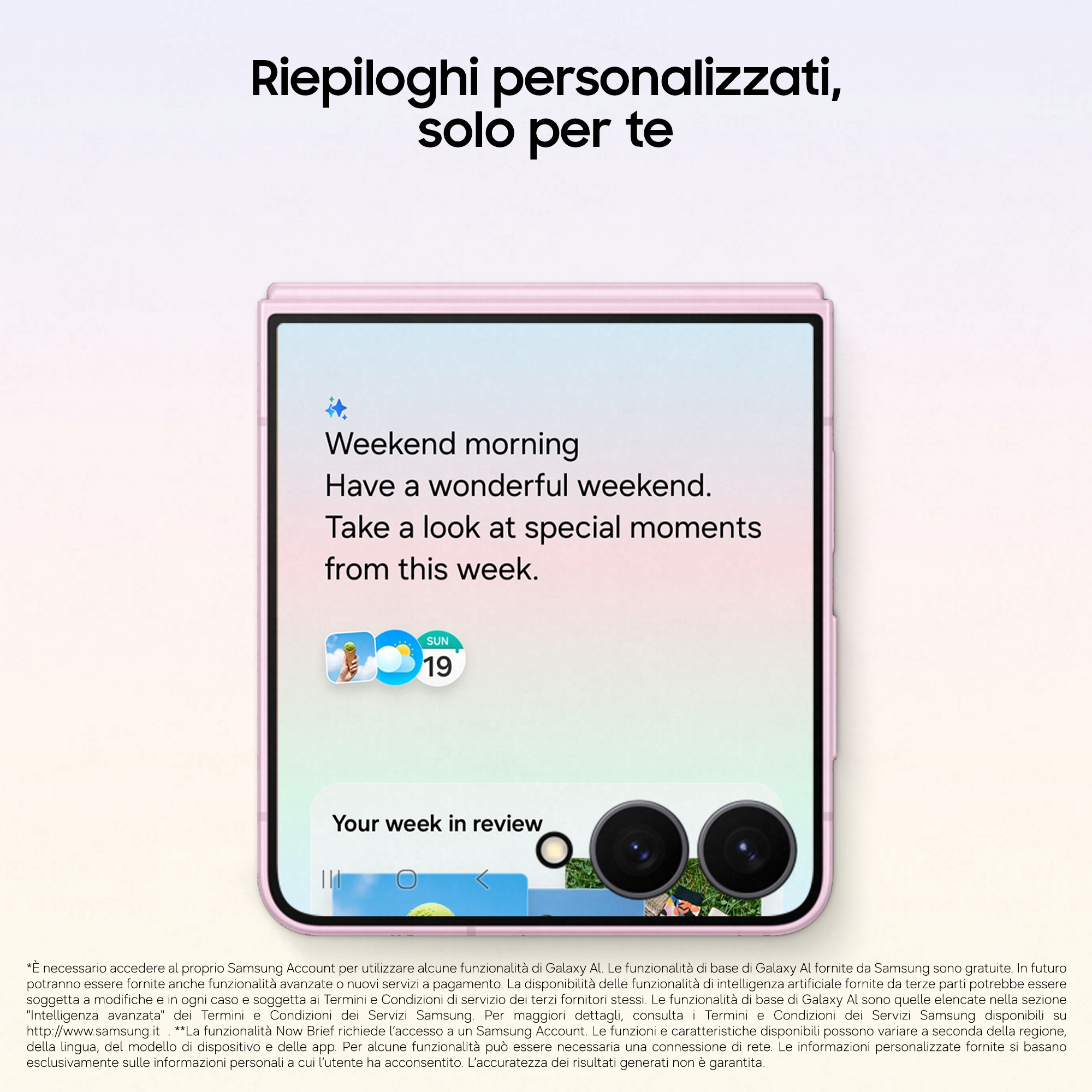 Ein faltbares Smartphone zeigt auf dem Display einen personalisierten Wochenrückblick und Text.