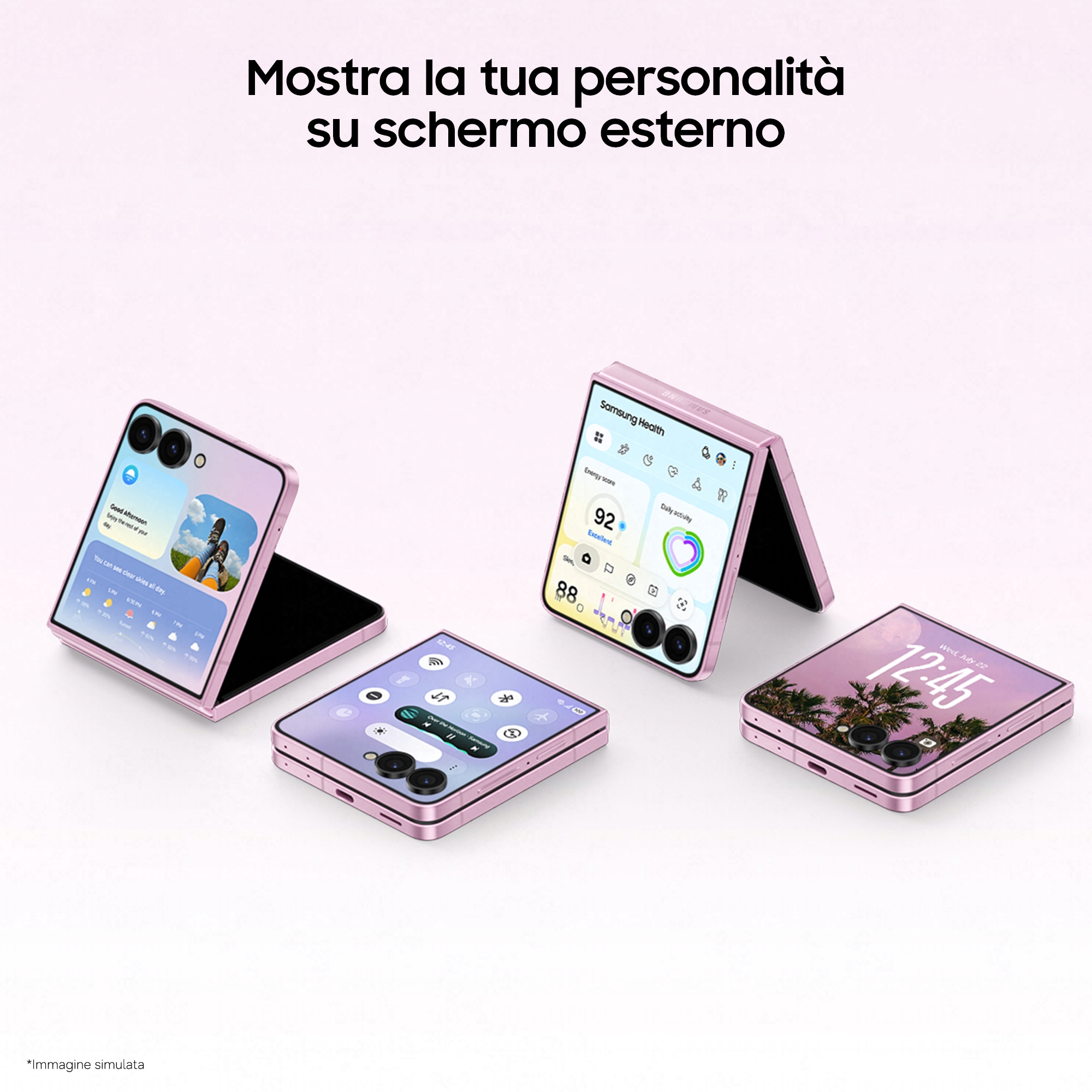 Vier pinke Samsung-Klapphandys in verschiedenen Positionen zeigen unterschiedliche Bildschirme auf einer hellen Fläche.