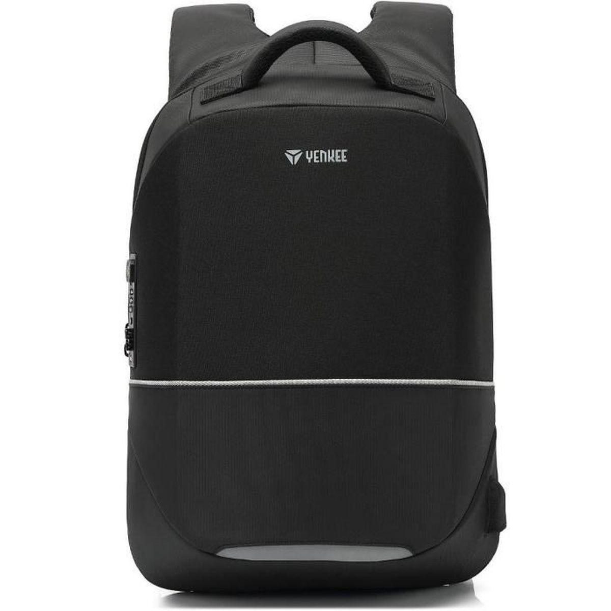 Schwarzer Yenkee Rucksack mit Logo, Griff und reflektierenden Details auf hellem Hintergrund.