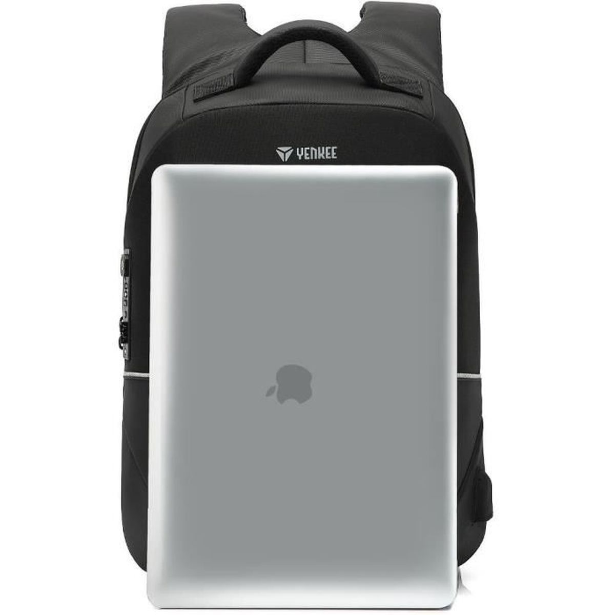 Schwarzer Rucksack mit YENKEE-Logo und einem silbernen Laptop im Vordergrund.