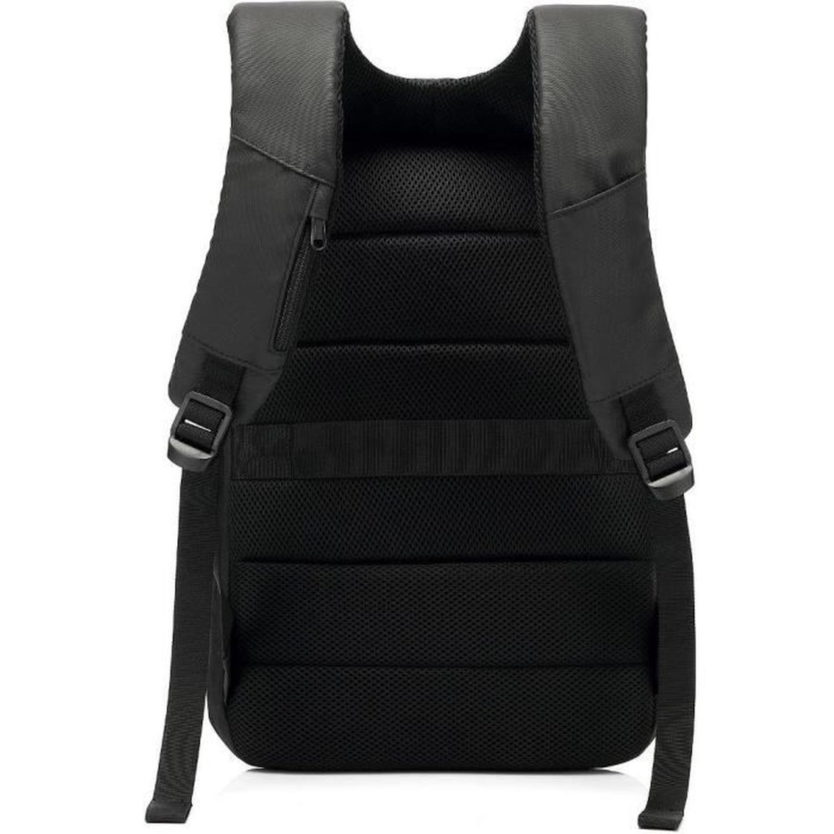 Rückseite eines schwarzen Rucksacks mit gepolsterten Trägern.
