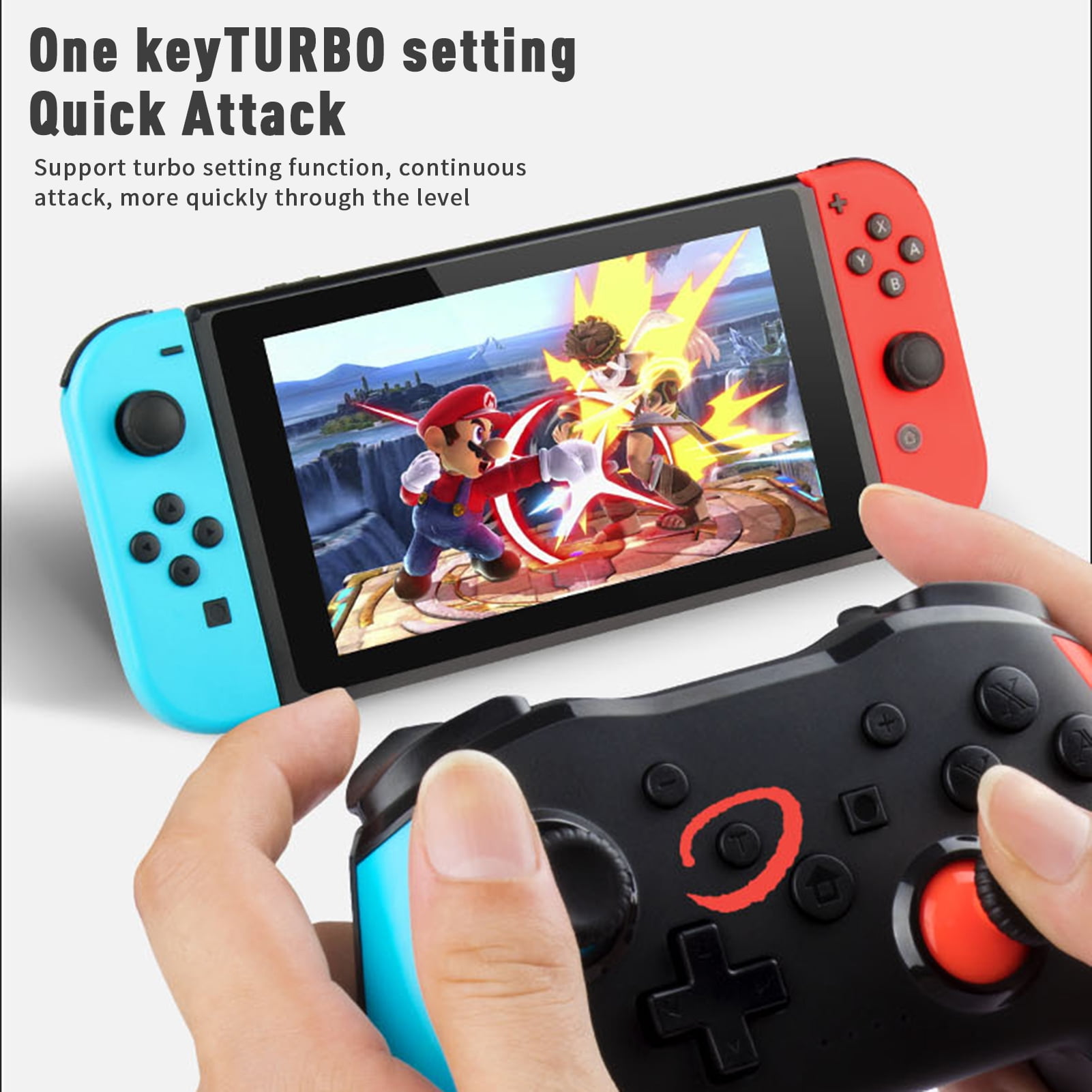 Nintendo Switch Konsole und Controller mit Super Smash Bros Spiel auf dem Bildschirm.