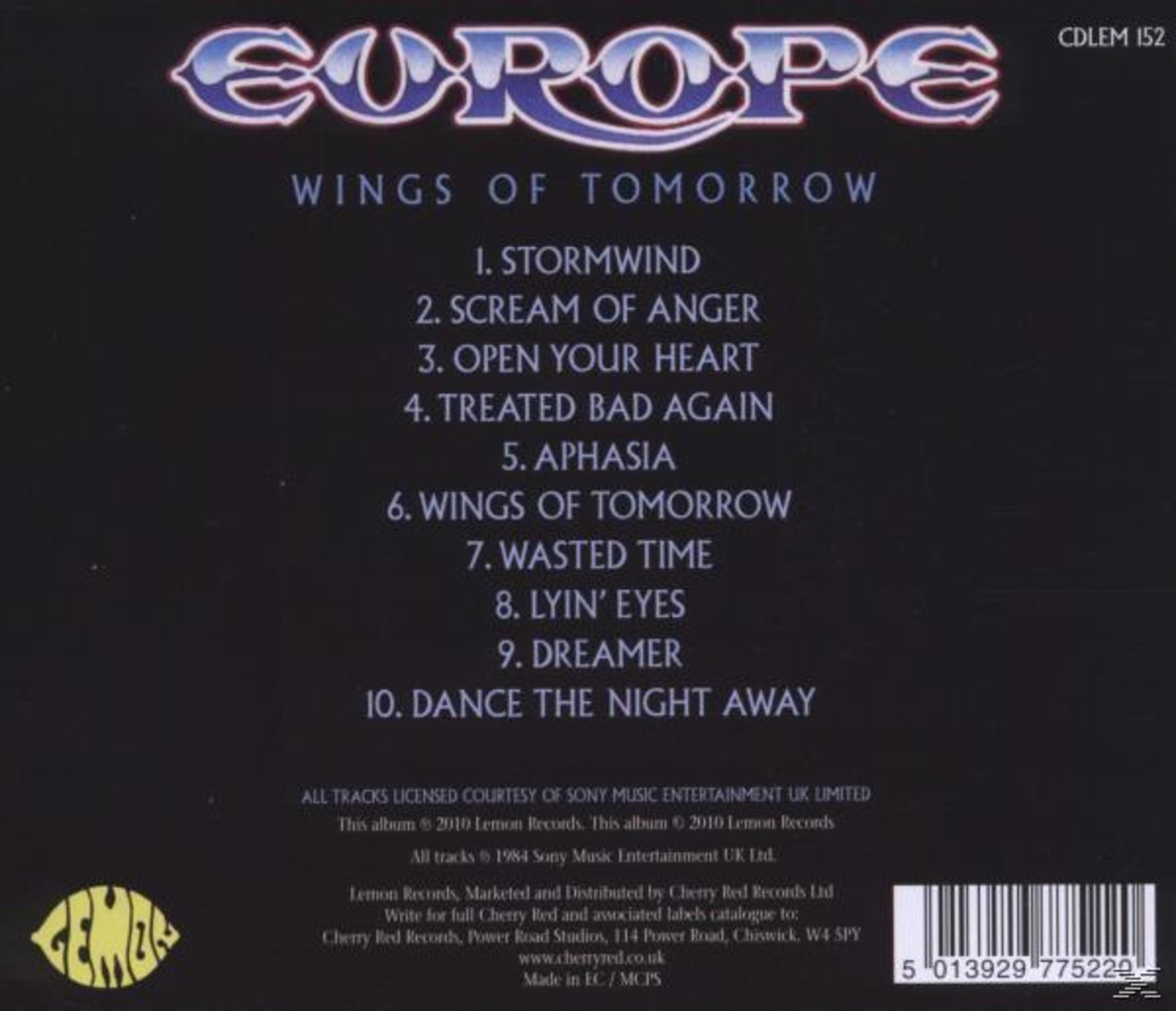 Rückseite der CD 'Wings of Tomorrow' von Europe mit weißer Tracklist auf schwarzem Grund und Strichcode.
