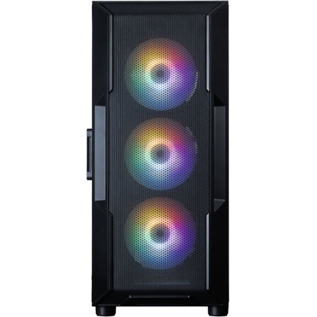 Schwarzes PC-Gehäuse mit Mesh-Front und drei beleuchteten RGB-Lüftern.