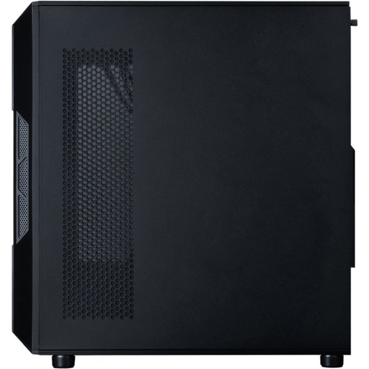 Eine schwarze Computergehäuse-Seitenwand mit einem vertikalen Mesh-Lüftungsgitter links.
