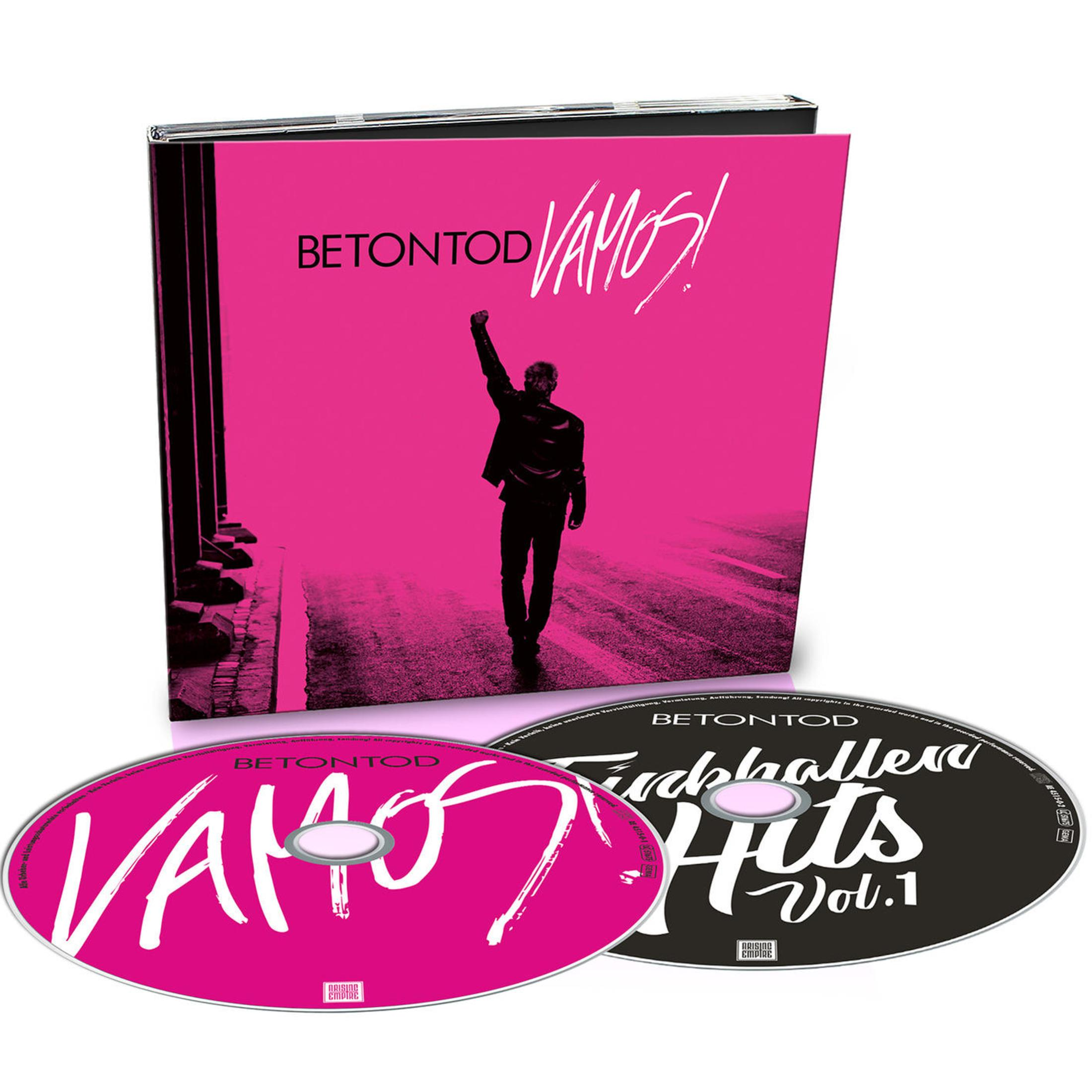 CD-Cover und CDs von Betontod mit dem Album "Vamos!", mit pinken und schwarzen Farben und einer erhobenen Faust.