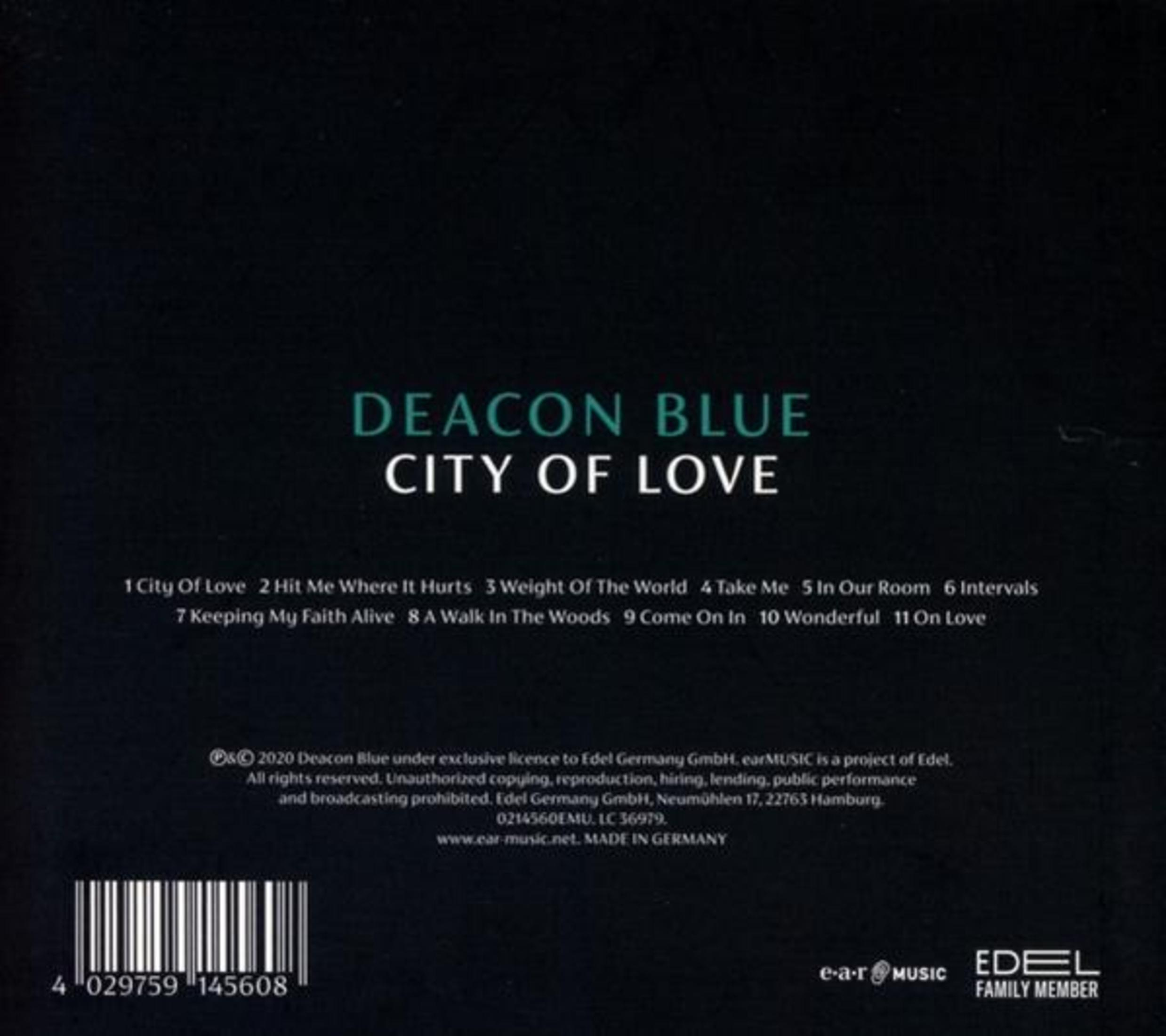 Die Rückseite von Deacon Blues Album City of Love mit Trackliste, Barcode und Label-Logos auf schwarzem Grund.