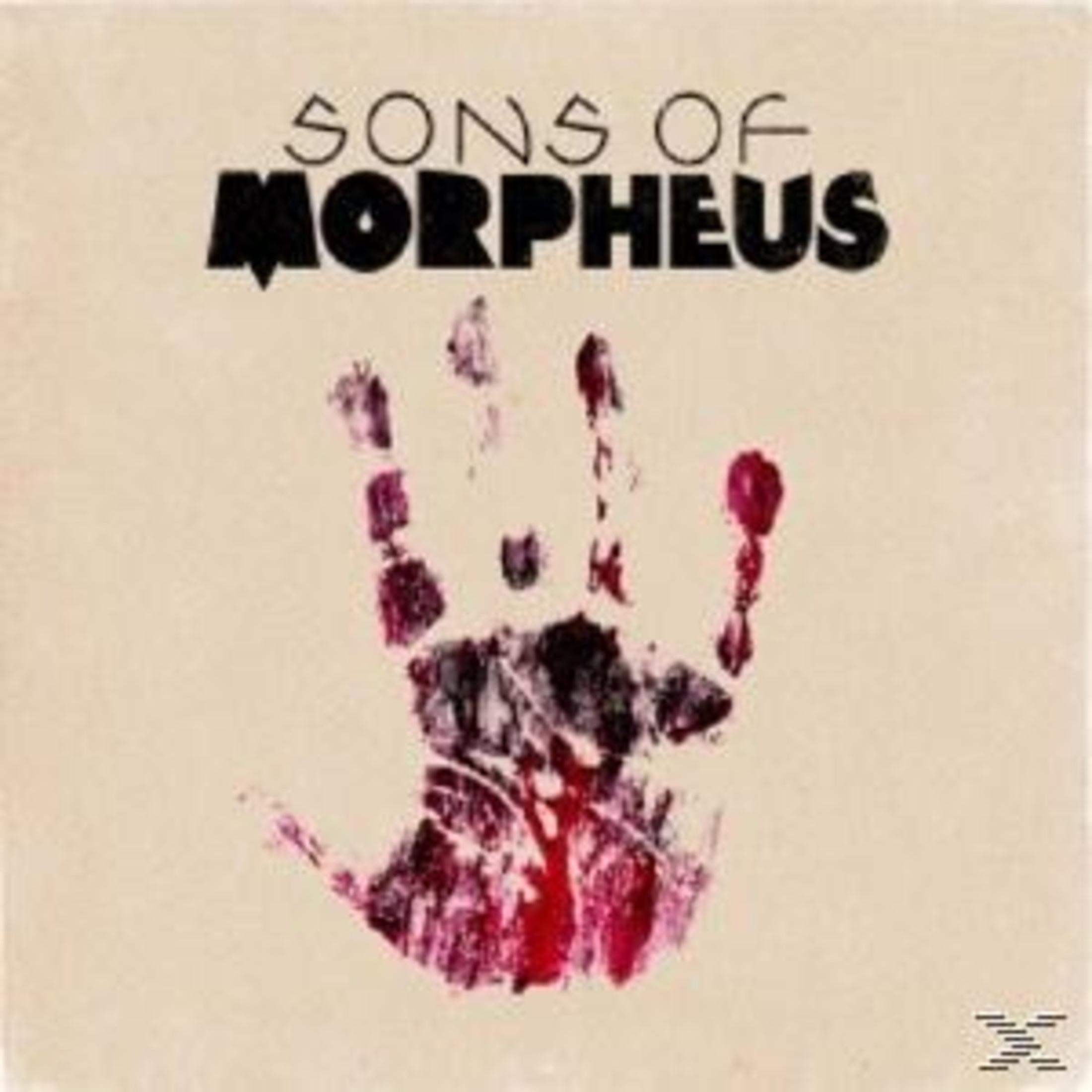 Ein blutiger Handabdruck auf beige Hintergrund mit dem Text "Sons of Morpheus" darüber.