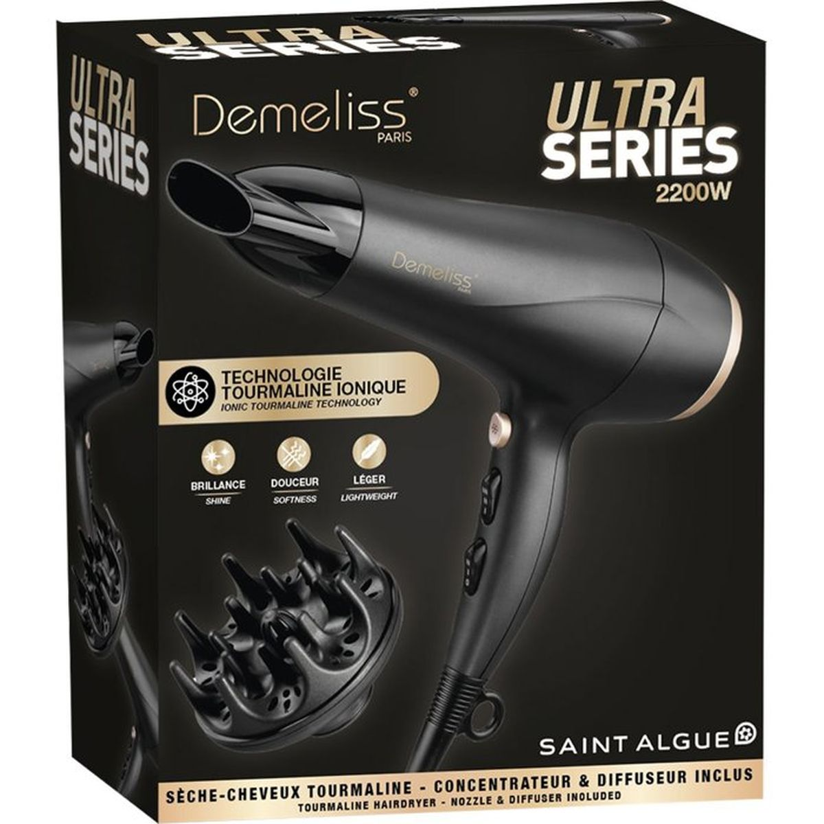 Schwarze Verpackung für den Saint Algue Demeliss Ultra Series Haartrockner mit Zubehör.