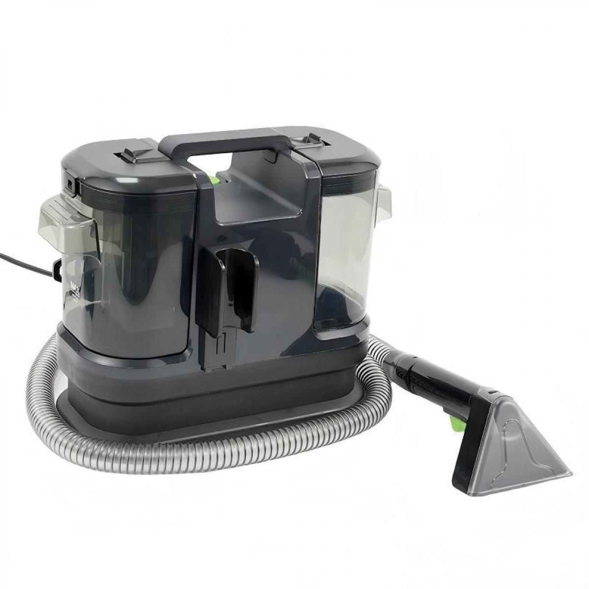 Eine kompakte, dunkelgraue Teppichreinigungsmaschine mit Wassertanks, flexiblem Schlauch und Düse vor weißem Hintergrund.