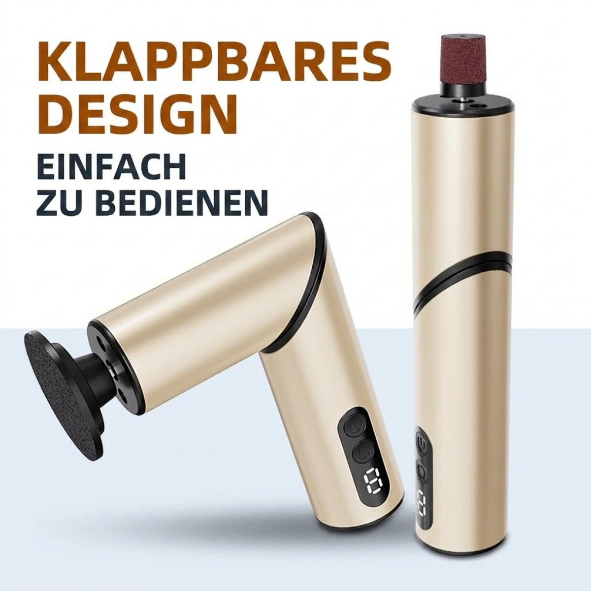 Ein faltbares goldenes Nagelpflegegerät mit digitalem Display in gerader und angewinkelter Position.