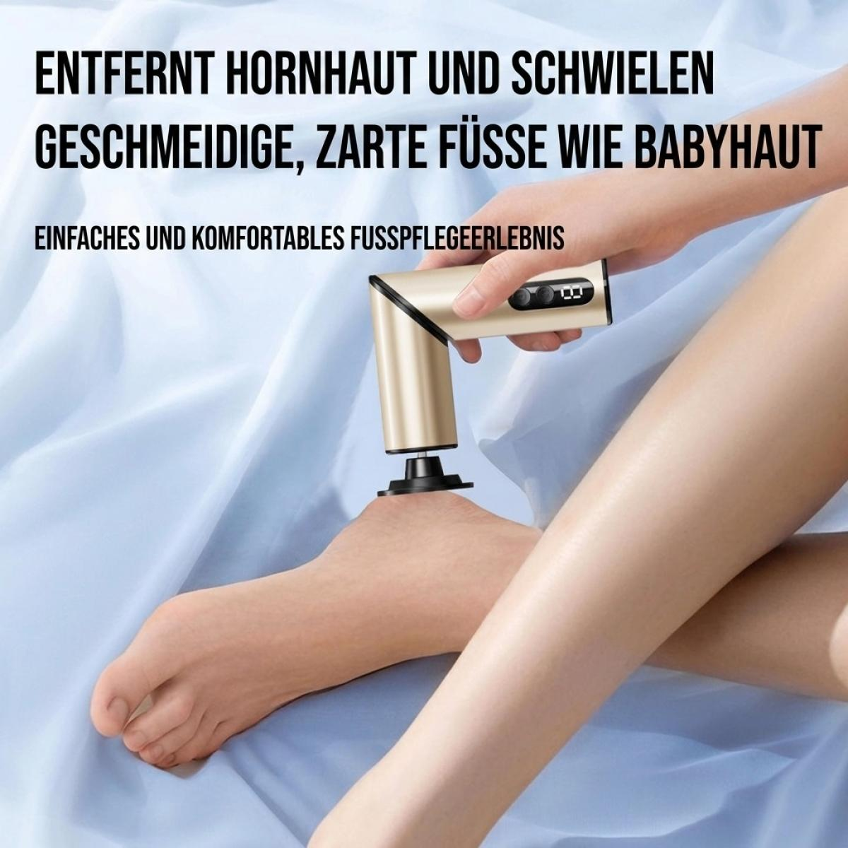 Person benutzt ein goldenes elektrisches Fußpflegegerät auf der Ferse, mit deutschem Text oben.