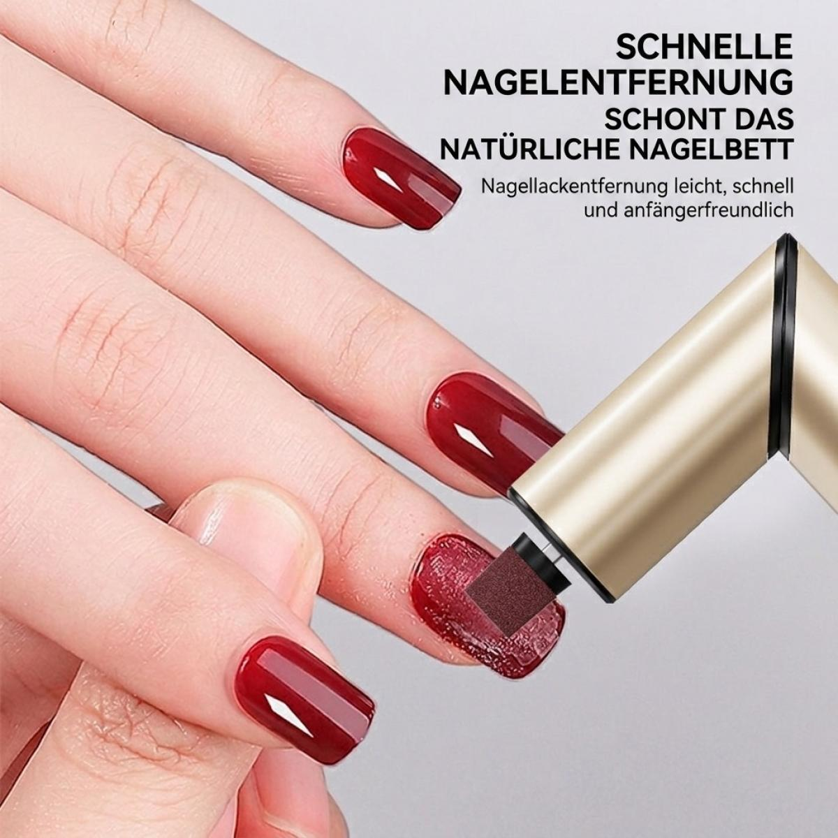 Ein elektrischer Nagellackentferner wird auf einen roten Fingernagel angewendet, mit deutschem Text oben.