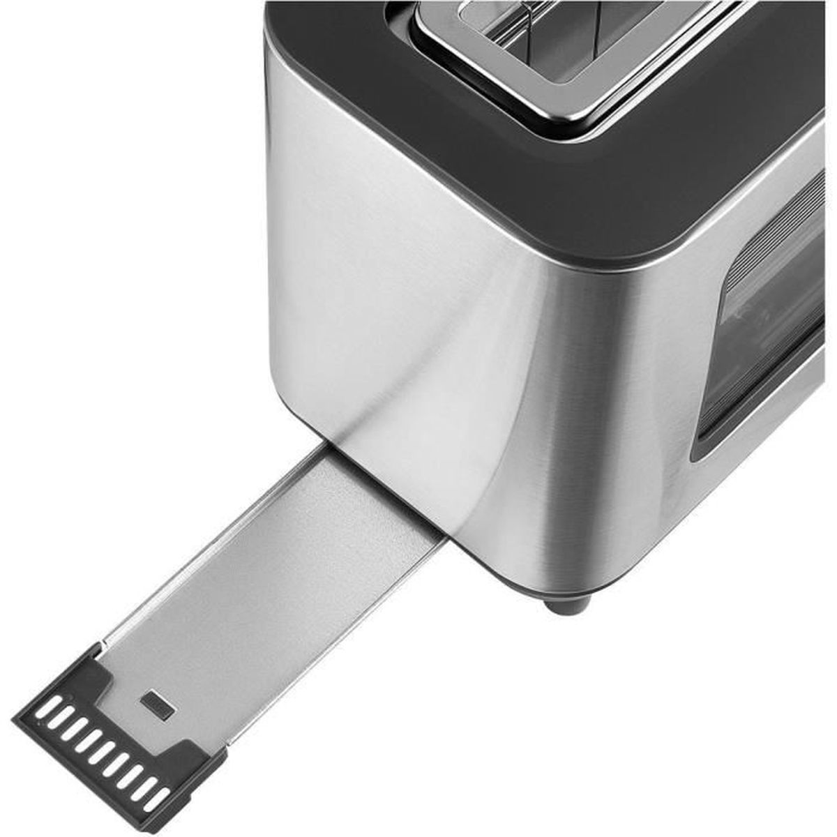 Ein moderner Edelstahltoaster mit ausziehbarer Krümelschublade auf weißem Hintergrund.
