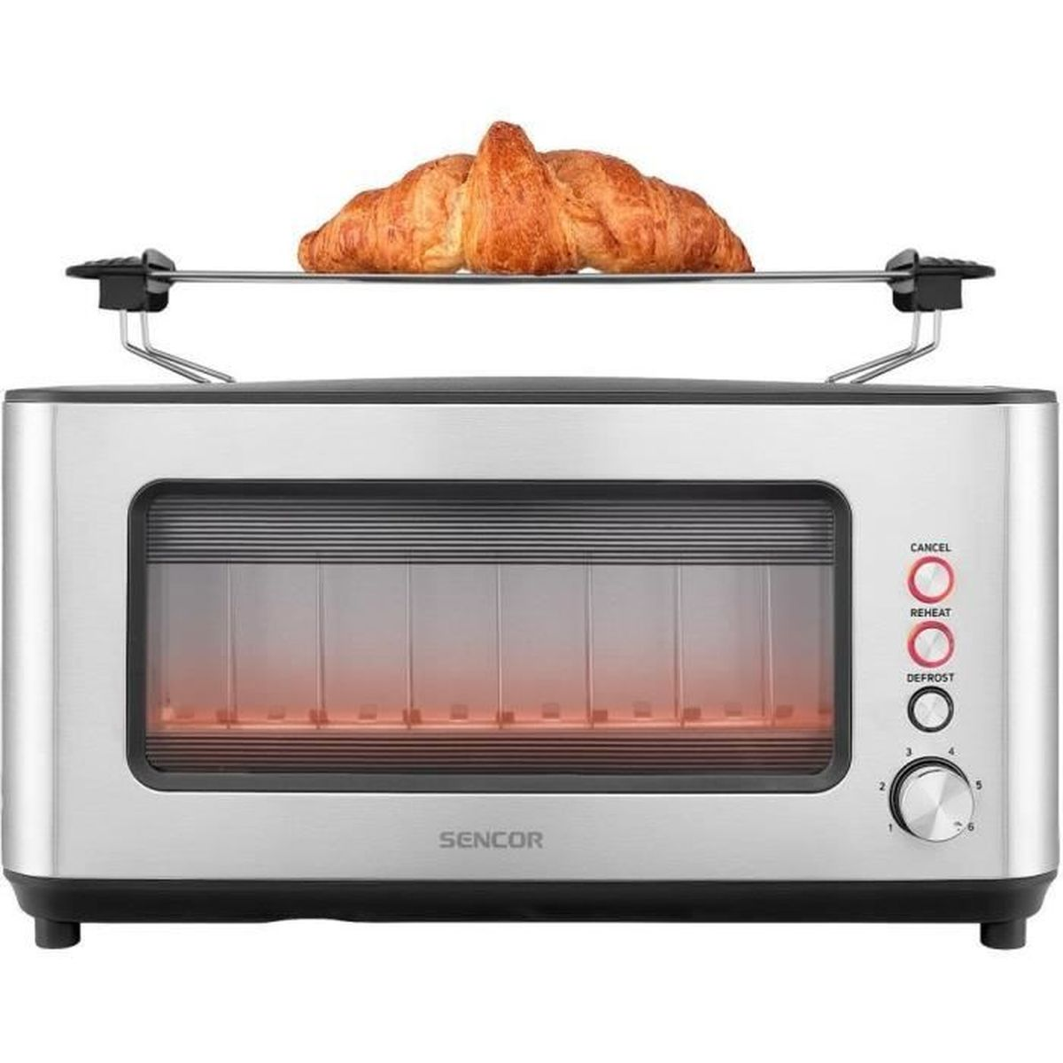 Ein silber-schwarzer Sencor-Toaster mit Glasfenster, warmen Heizspiralen und einem Croissant.