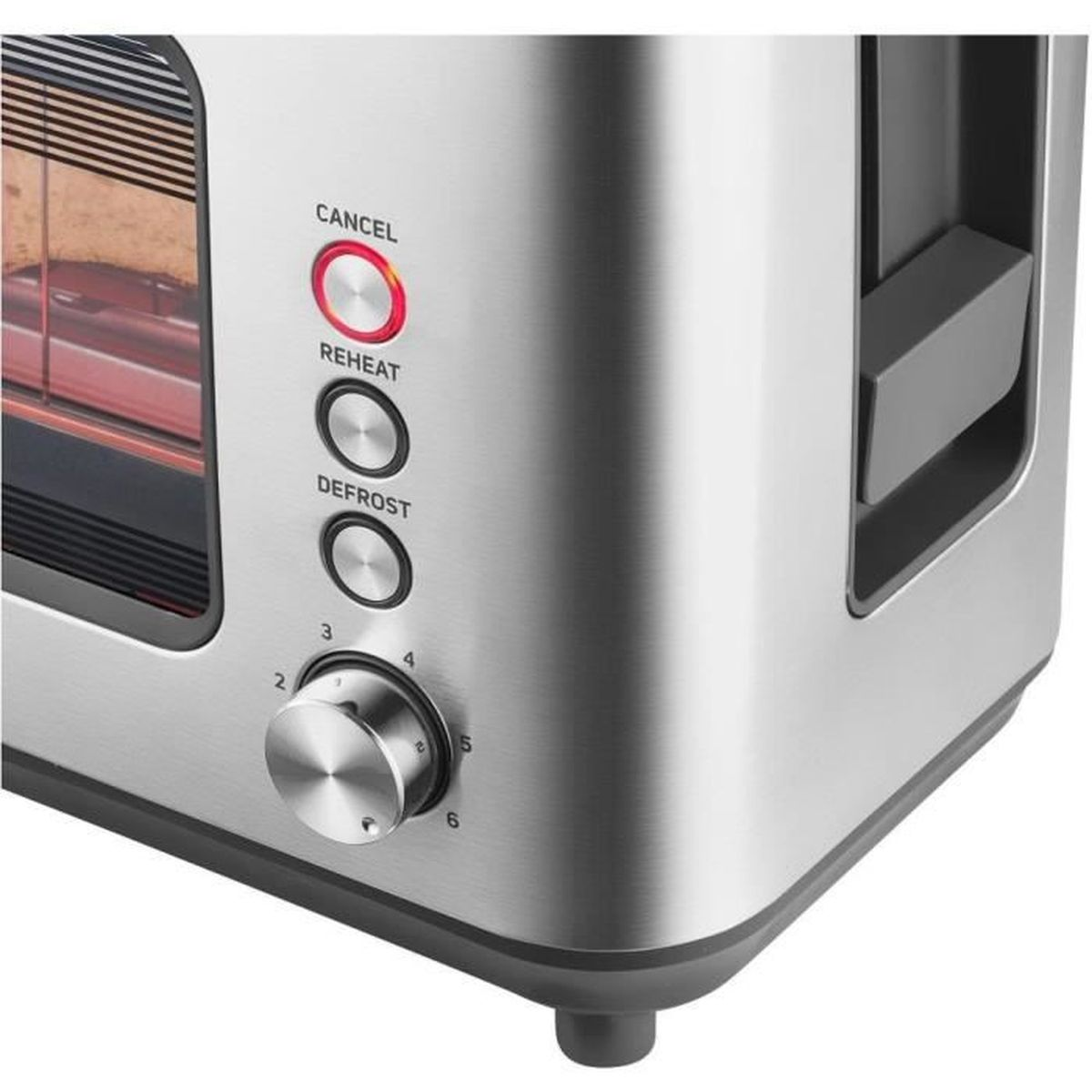 Nahaufnahme eines Edelstahltobsters mit beleuchteten Tasten für Cancel, Reheat, Defrost und einem Drehregler.
