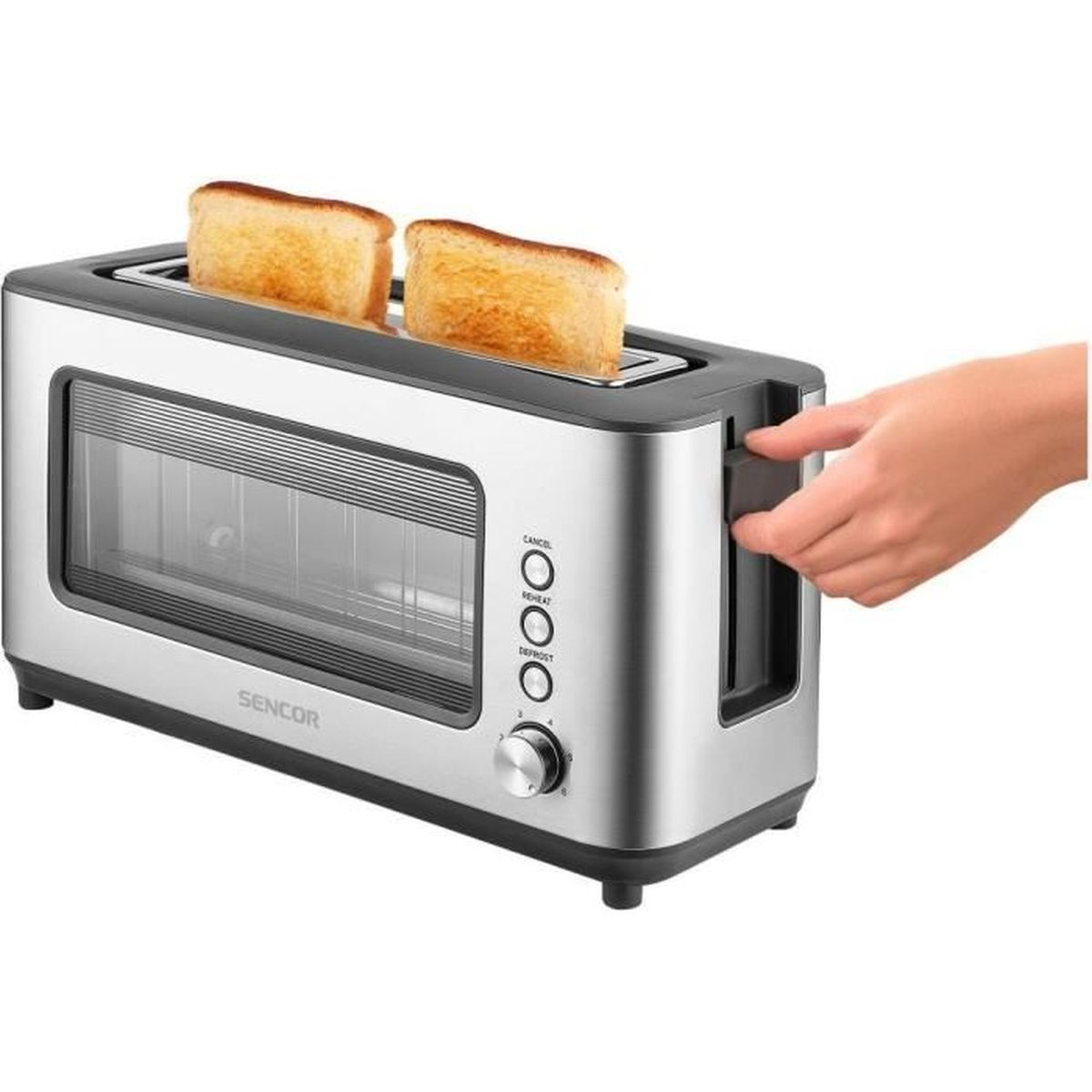 Ein langer silberner Sencor-Toaster mit Sichtfenster, zwei getoasteten Brotscheiben und einer Hand am Hebel.