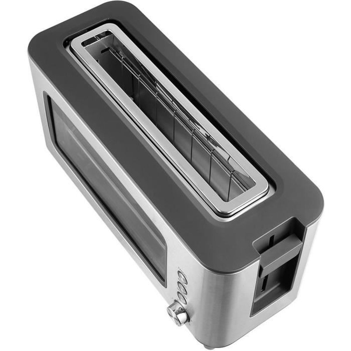 Ein langer, silberner Toaster mit einem extra breiten Schlitz und Seitenglas steht auf einer weißen Fläche.