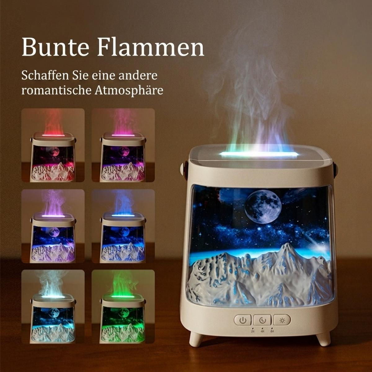 Ein aromadiffusor mit bunt beleuchtetem nebel und gebirgsmotiv auf dem tisch.