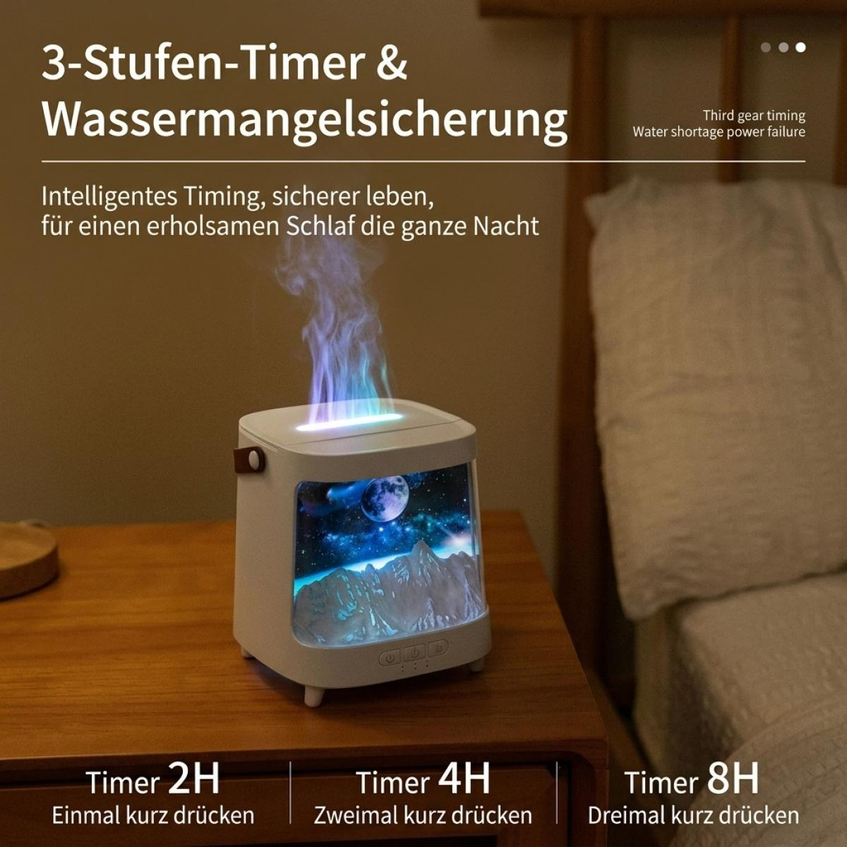 Ein weißer Luftbefeuchter mit Weltraummotiv und aufsteigendem künstlichen Rauch steht auf einem Nachttisch.