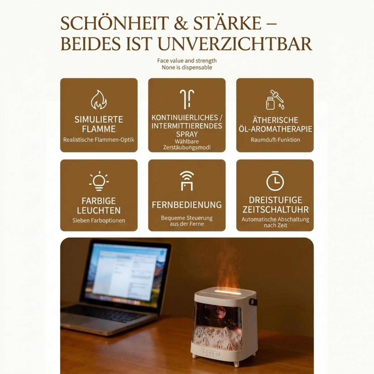 Ein Informationsbild mit Produktmerkmalen auf Deutsch und einem Aromadiffusor neben einem Laptop.