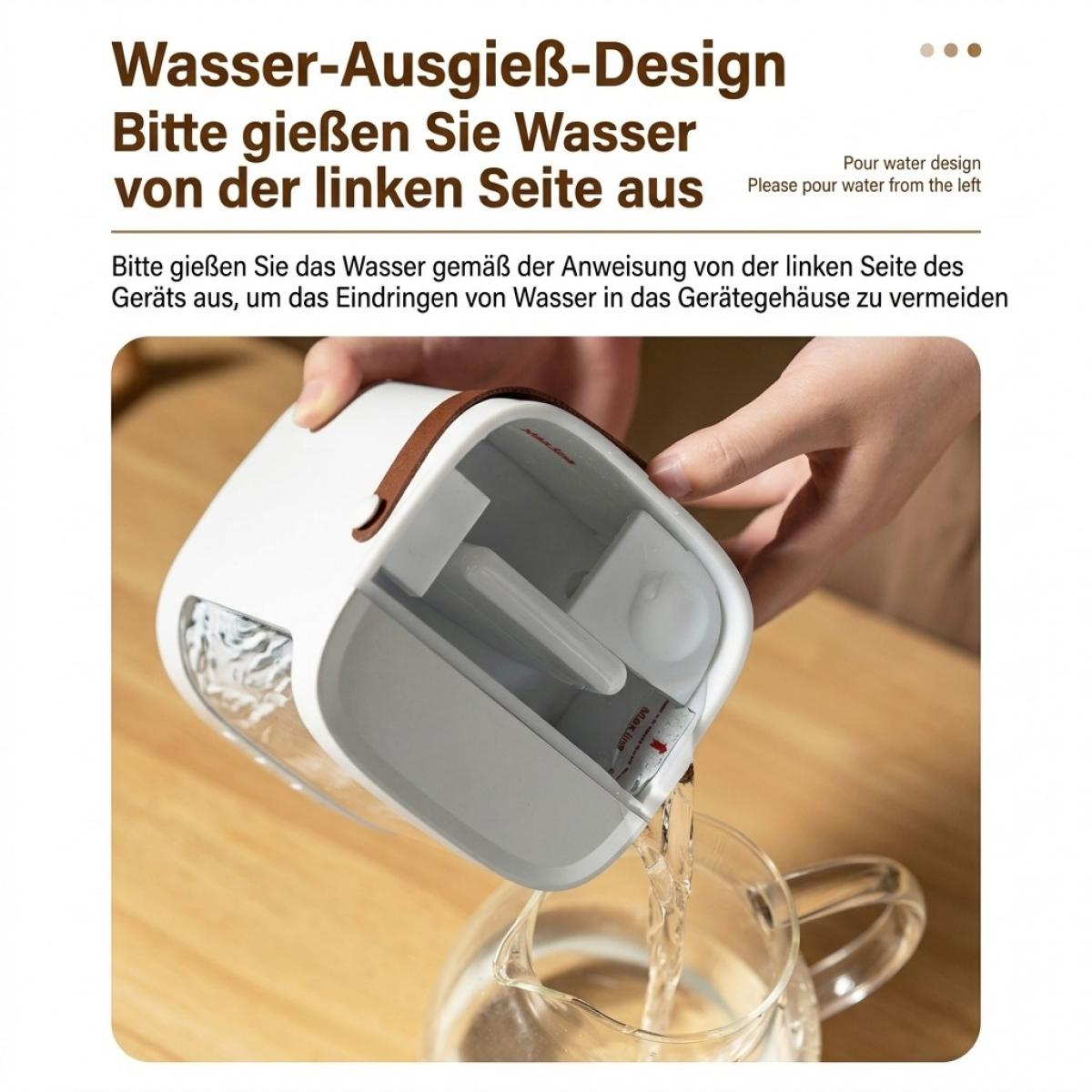 Eine Person gießt Wasser von der linken Seite eines weißen Geräts in eine Glaskanne.