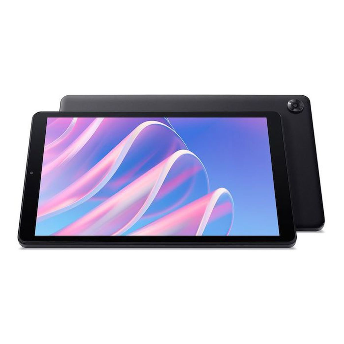 Ein schwarzes Tablet zeigt eine rosa-blaue abstrakte Welle, dahinter ist die Rückseite mit Kamera zu sehen.