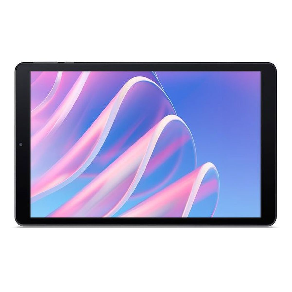 Ein schwarzes Tablet zeigt ein lebendiges Hintergrundbild mit rosa und blauen wirbelnden Formen auf weißem Grund.