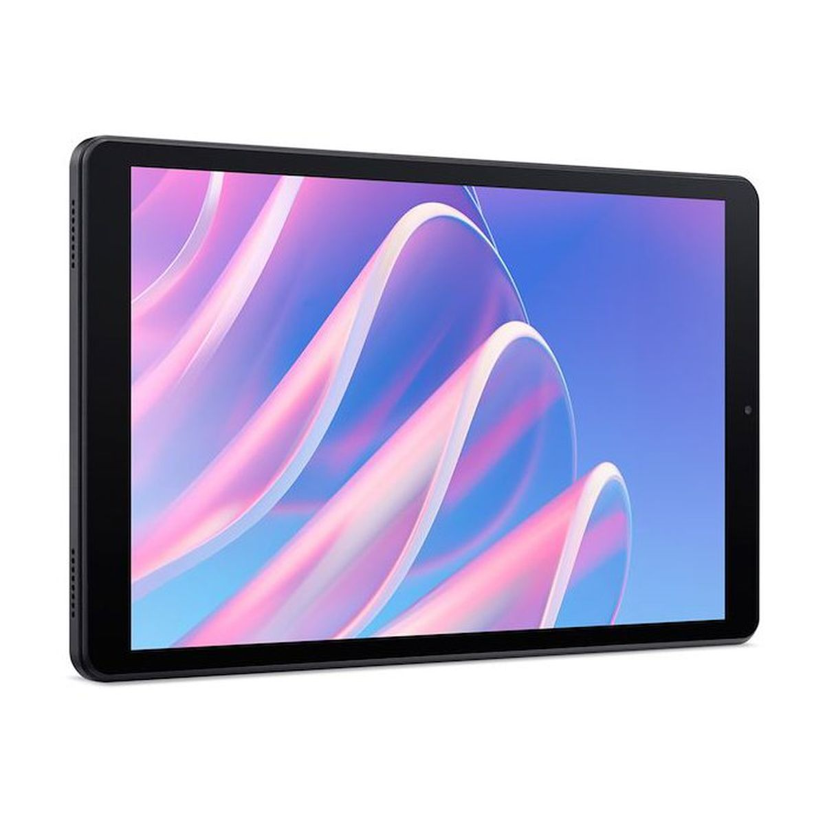 Ein schwarzes Tablet mit einem bunten, abstrakten Hintergrundbild in Pink und Blau.