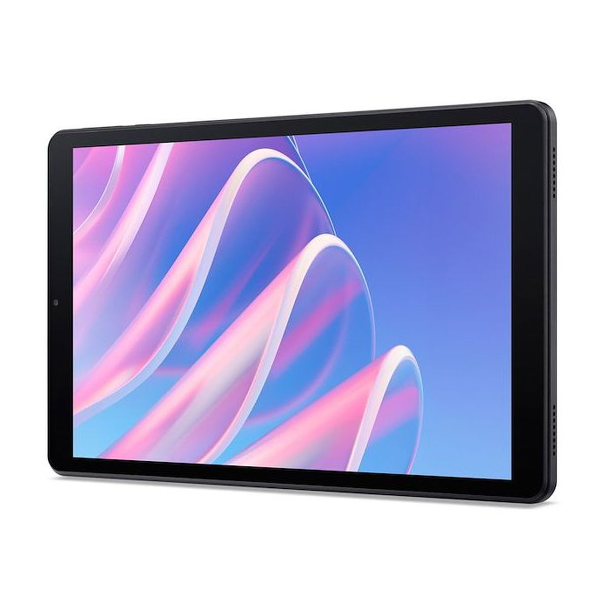Ein schwarzes Tablet zeigt auf dem Bildschirm eine bunte, abstrakte Welle auf blauem Hintergrund.