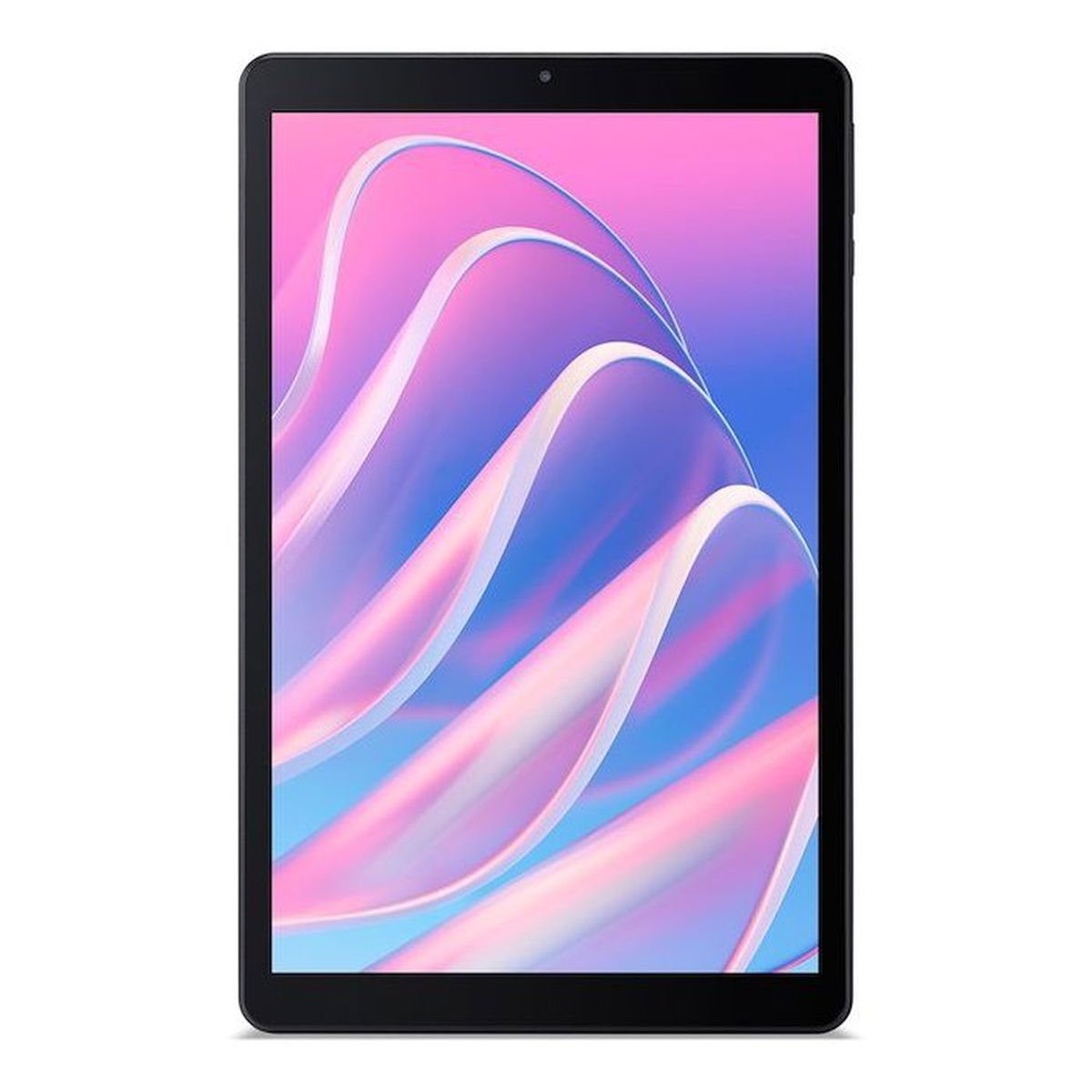Ein schwarzes Tablet zeigt auf dem Bildschirm ein abstraktes Muster aus rosa und blauen Wellenlinien.