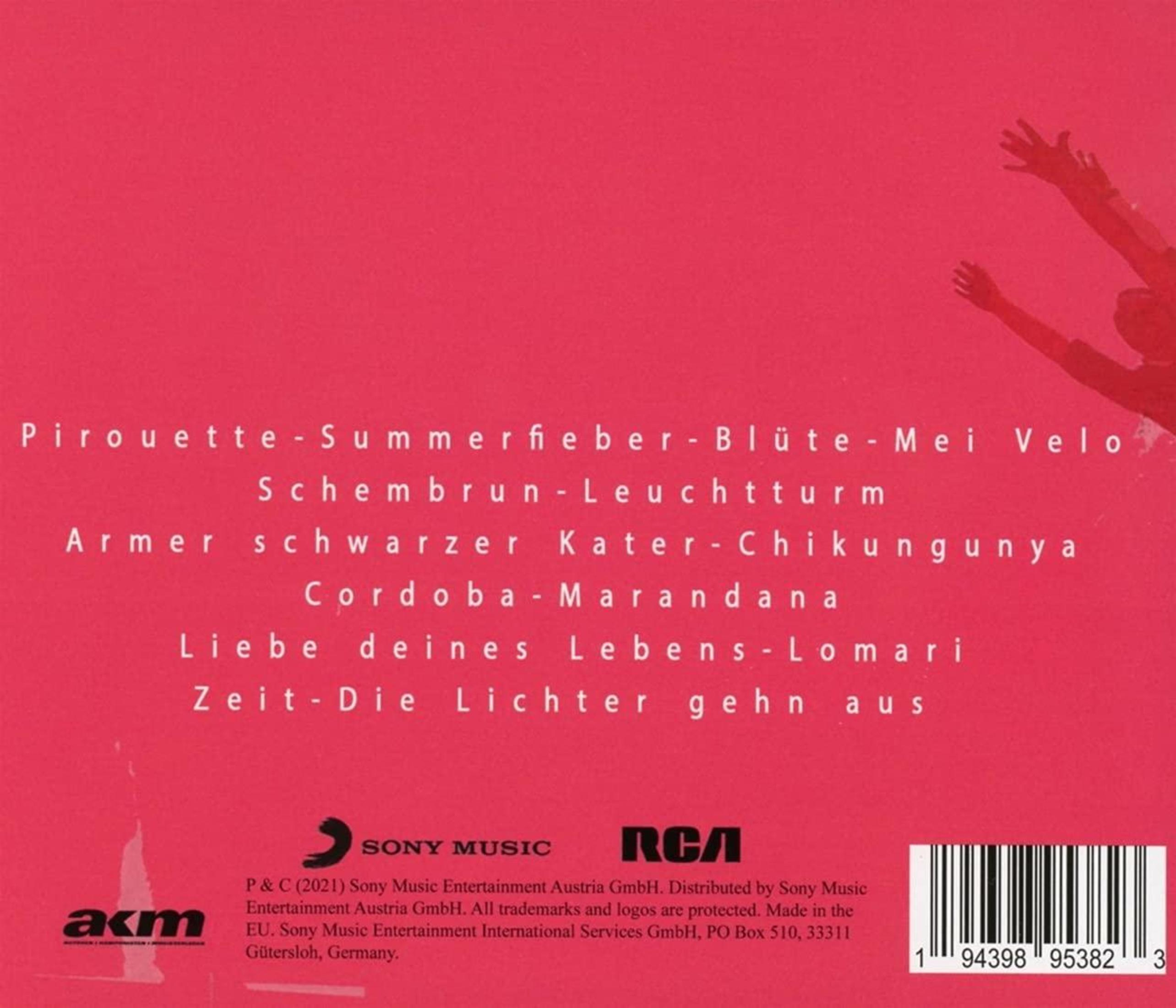 Rosa Hintergrund mit Songtiteln, Sony Music und RCA Logos, einer akm Markierung und einem Strichcode.