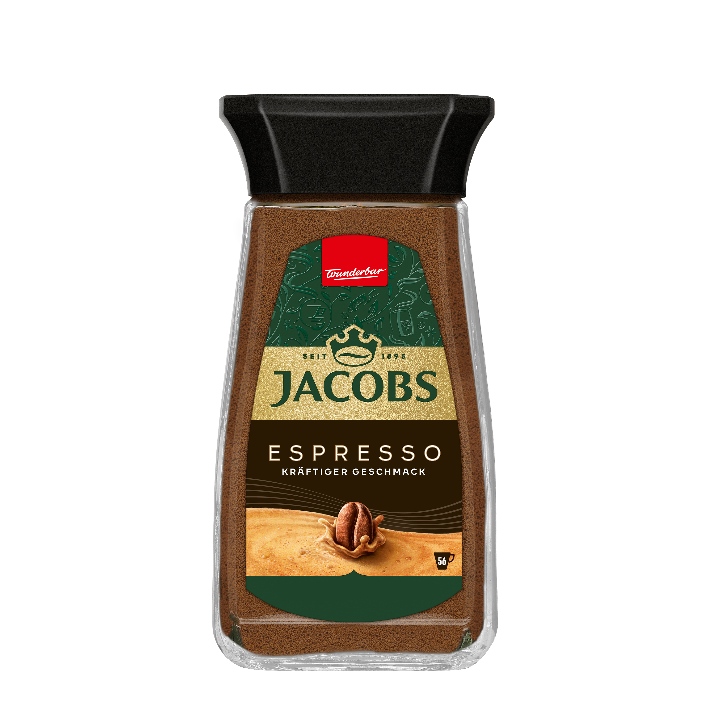 Ein Glas Jacobs Espresso-Kaffee mit schwarzem Deckel und gold-grünem Etikett.