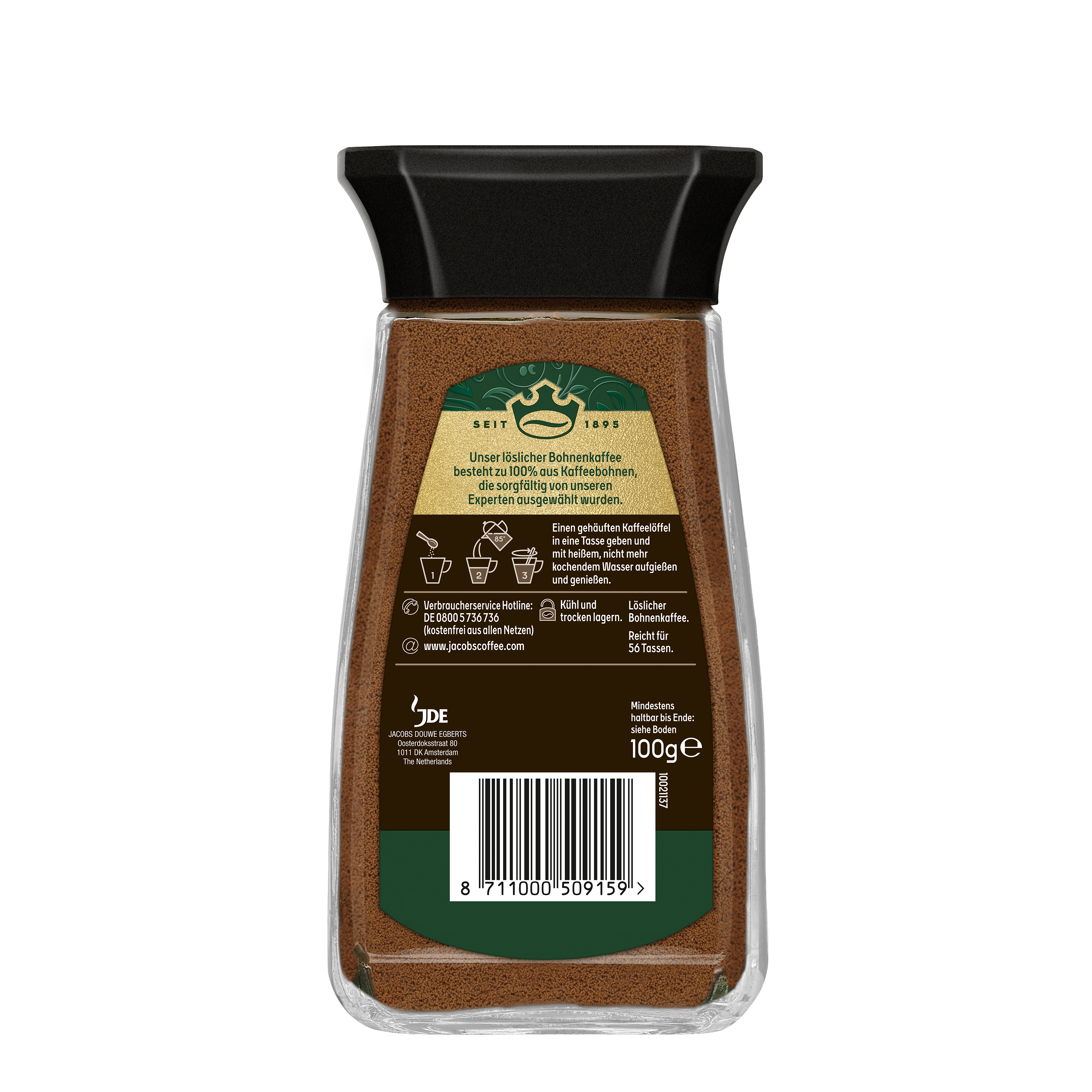 Rückseite eines Jacobs löslichen Bohnenkaffees mit Zubereitungshinweisen, Kontaktdaten und Strichcode.