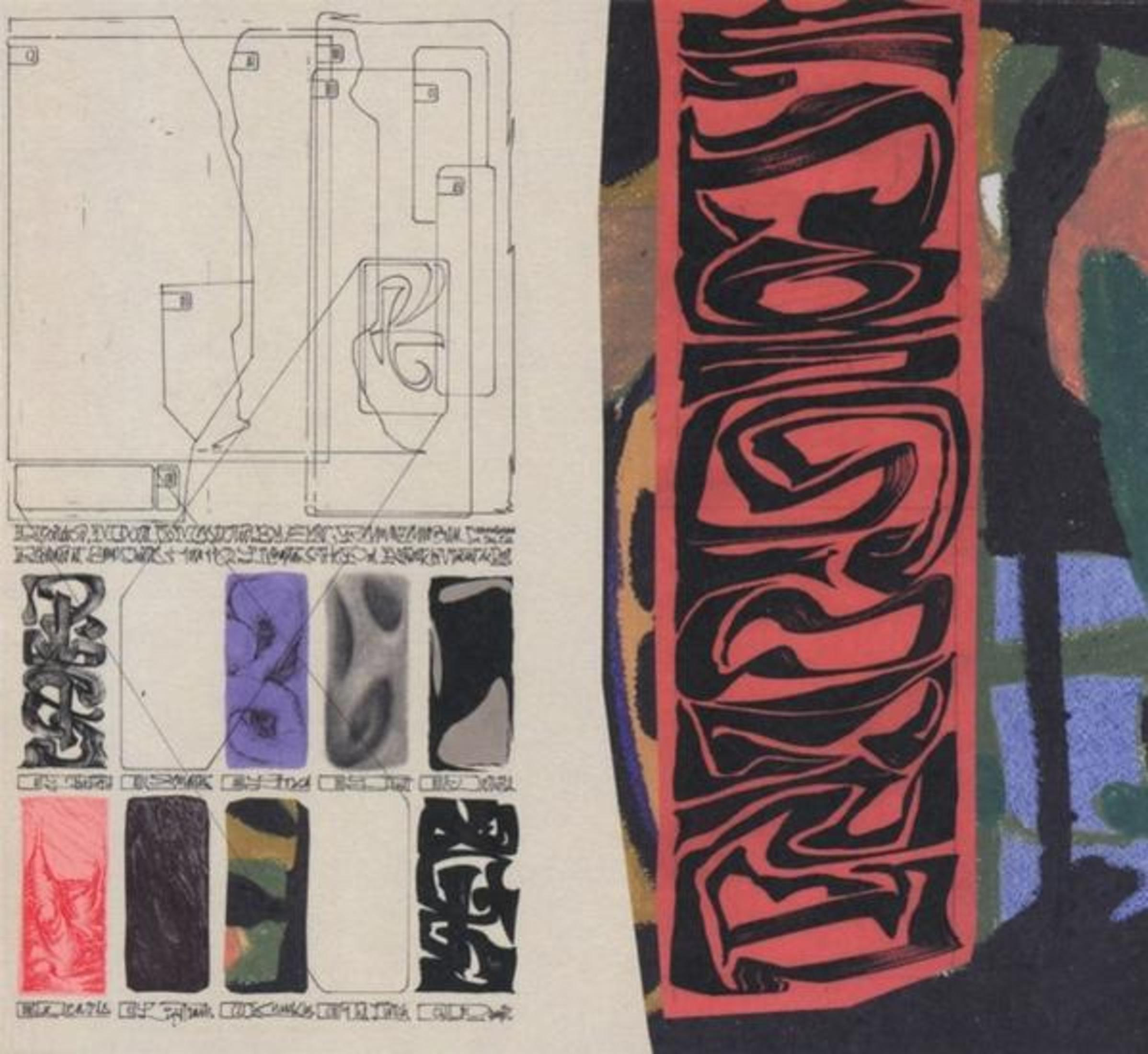 Collage aus abstrakten Mustern, Diagrammen und kyrillischen Texten auf weißem und gemustertem Hintergrund.